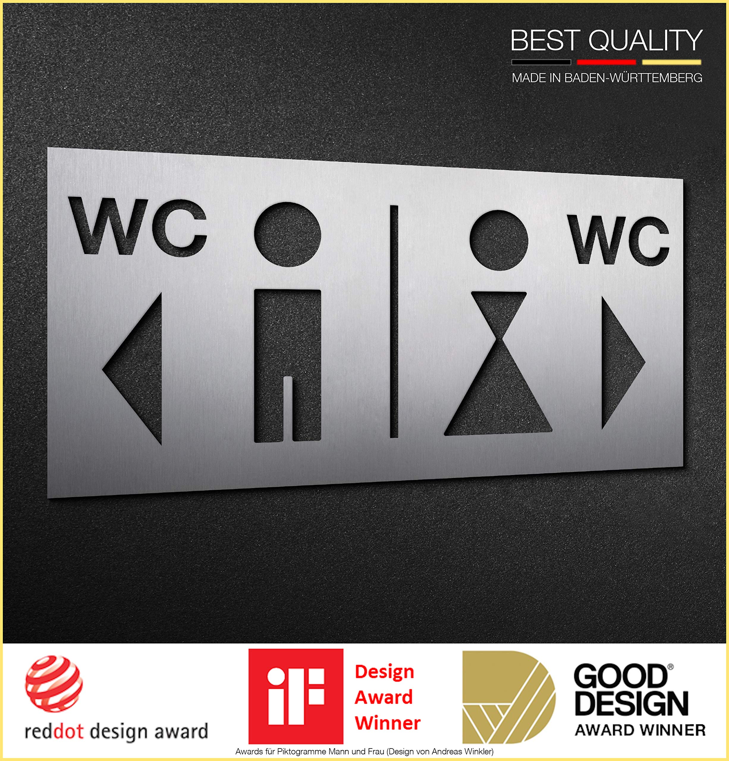 WC Wegweiser, 16 x 32 cm, Herren Damen Toilette, Edelstahl gebürstet matt, selbst klebend, ohne Bohren, Toilettenschild, WC Aufkleber, Richtungsweiser, 100% Made in Germany - PHOS Design