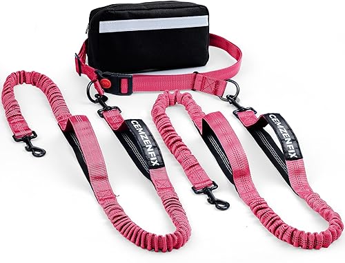 Miniatura 10 de Correa de perro manos libres con cinturón – Bungee sin tirones, asas acolchadas dobles y bolsa con cremallera para correr, caminar y entrenar –