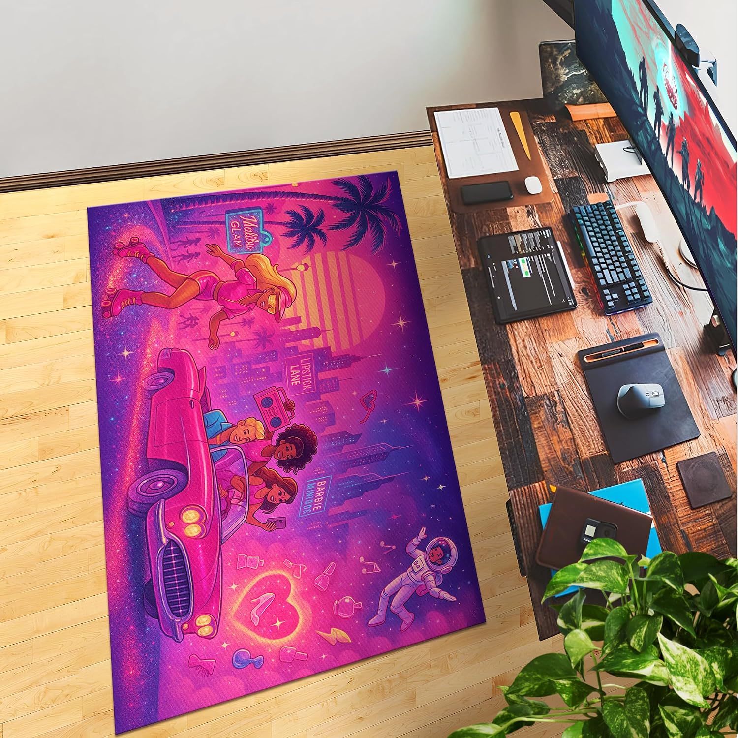DreamController Barbiie Neoon Custom Rugs for Gamer Room (62x40inch)| Playroom Carpets Inspired by Games & Barbiie Neoon Decor for Gamers | Gamer Room Decor for Kids Teen Anti-Slip Gaming Mats