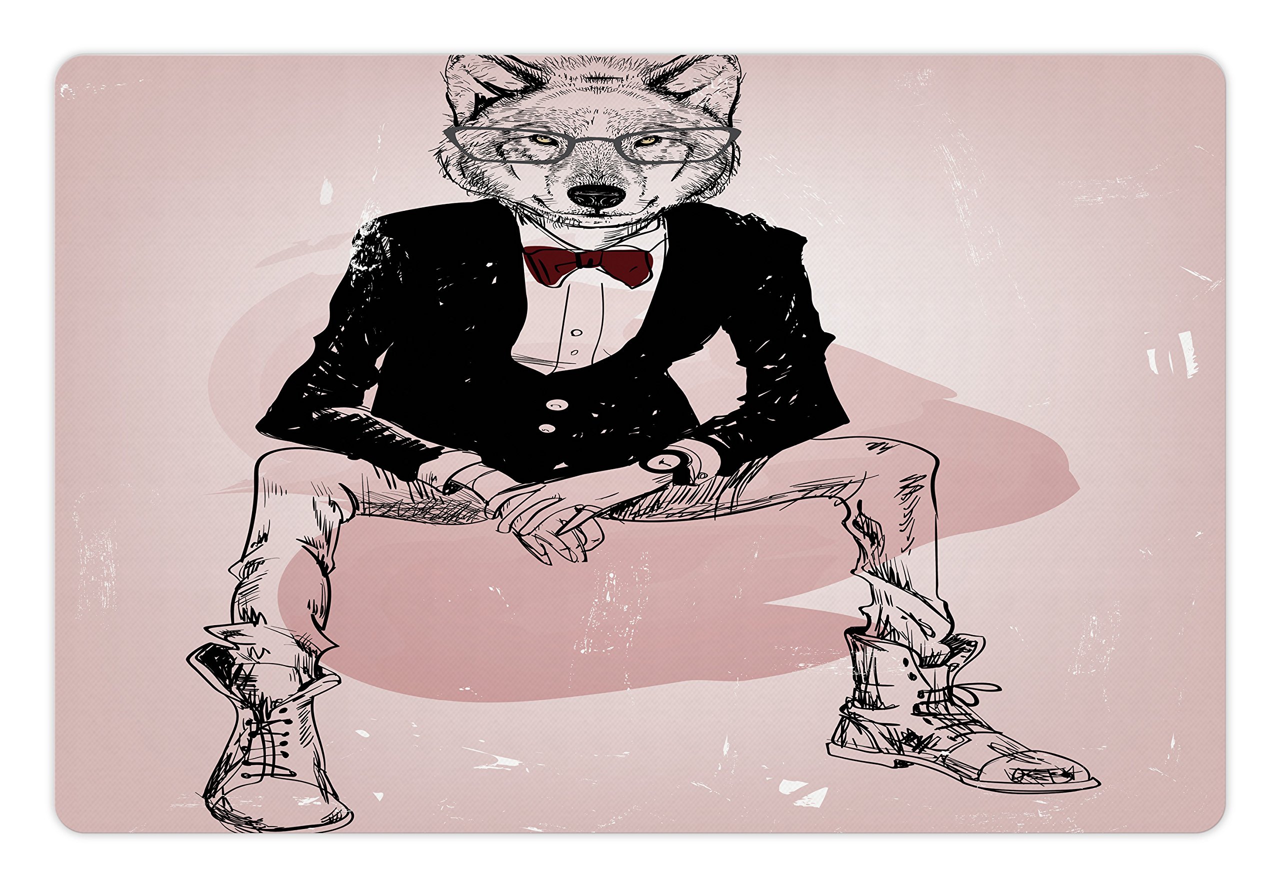 Ambesonne Indie Pet Mat for Food and Water, Hipster Portrait of Sitting Wild Wolf with Glasses Smart Casual Outfit, Rectangle Non-Slip Rubber Mat for Dogs and Cats, Baby Pink Black Burgundy