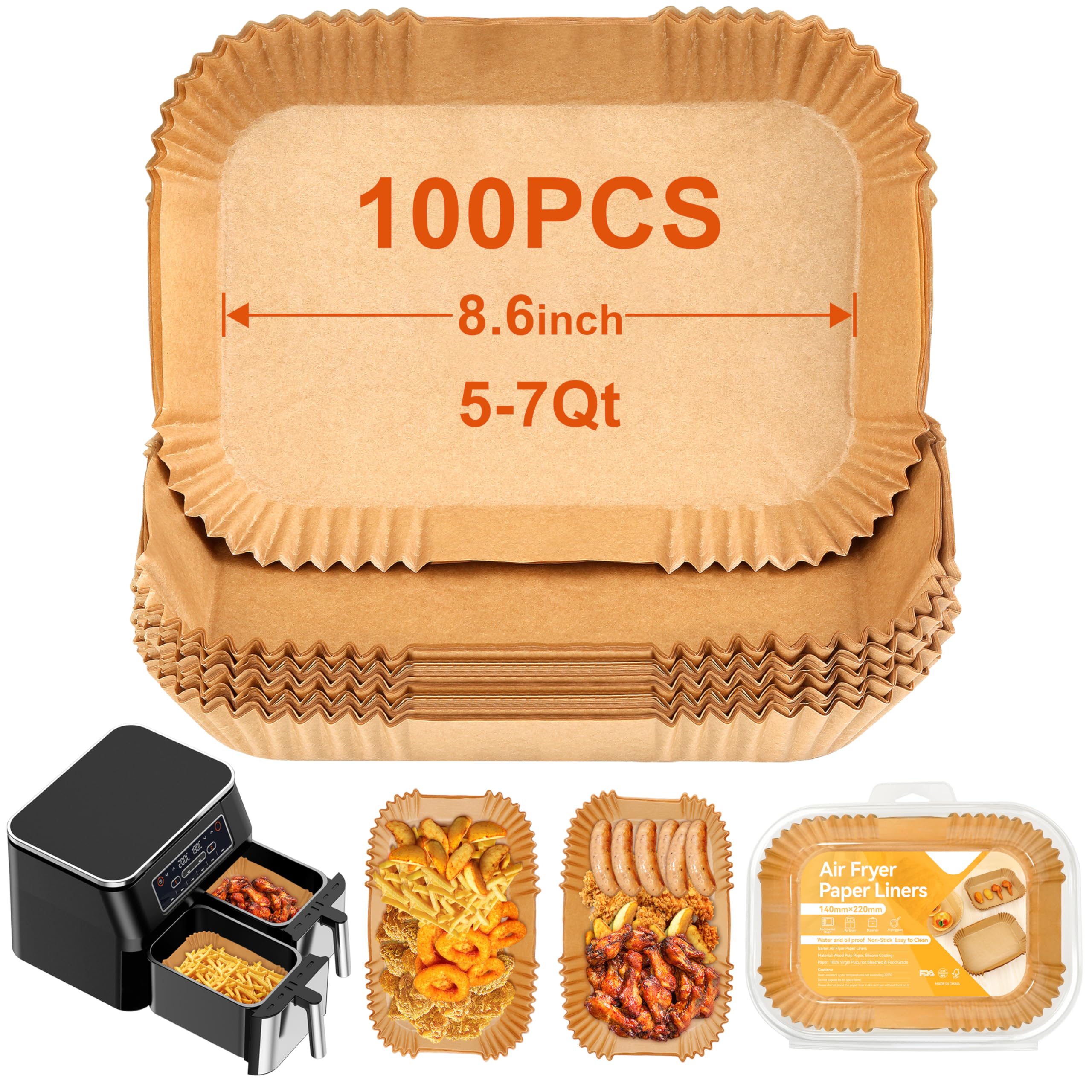 Seaflar 8.6 inch Rectangle Air Fryer Liners, 100Pcs Parchment Paper for Baking, BPA-Free Air Fryer Liners Disposable, Air Fryer Accessories Compatible with Ninja AF300UK AF400UK, Tower, Salter