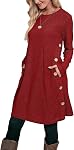 Jescakoo Womens Long Sleeve Dress Casual Fall Dress with Pockets Buttons Side S-XXL