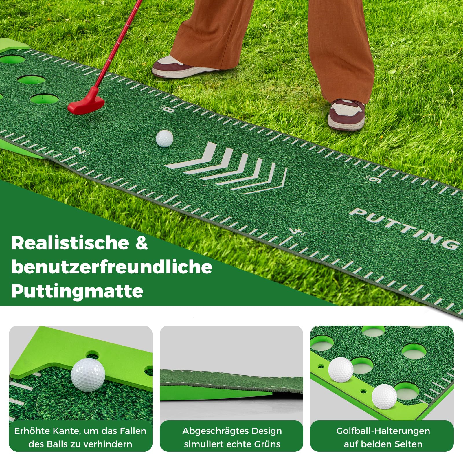 GYMAX Golf Puttingmatte, tragbare Golfmatte mit 2 Verstellbaren Schlägern, 6 Bällen & Tragetasche, Golf Abschlagmatte für Büro, Zuhause, Garten