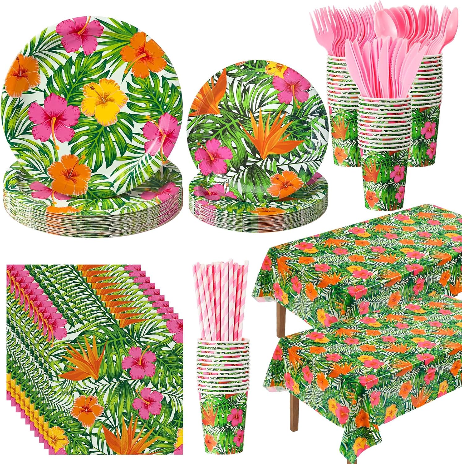 Vesici 452 Pcs Tropical Luau Party Supplies Set for 50 Guests Include 9'' 7'' Paper Plates Napkins Tablecloths 9 oz Cups Forks Spoons Straws for Hawaiian Hibiscus Flower Summer Birthday Decoration
