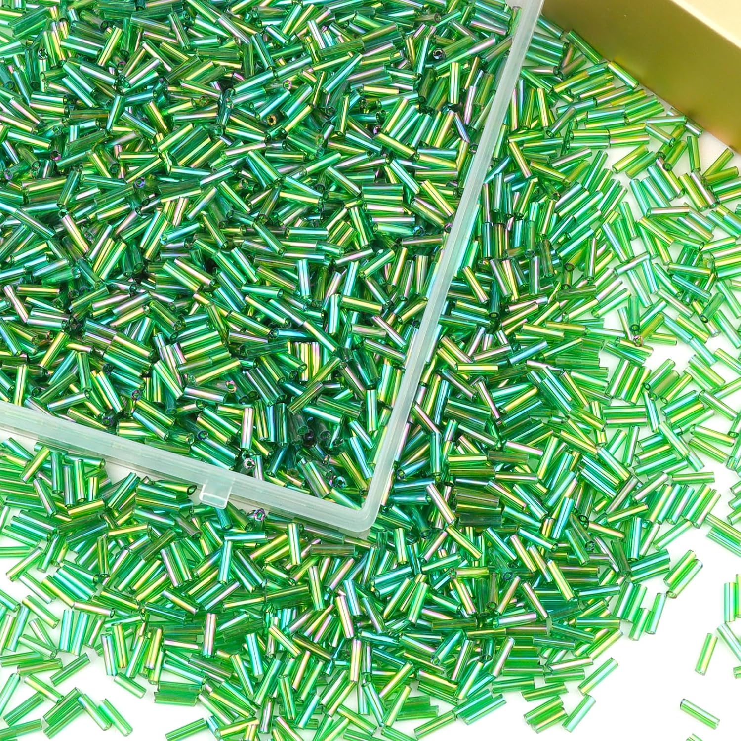 4000 Pcs Oil Slick Green Glass Bugle Beads, 2 x 7 mm Embroidery Beads, Small Long Tube Seed Beads for Embroidery Craft Jewelry Making - Image 2