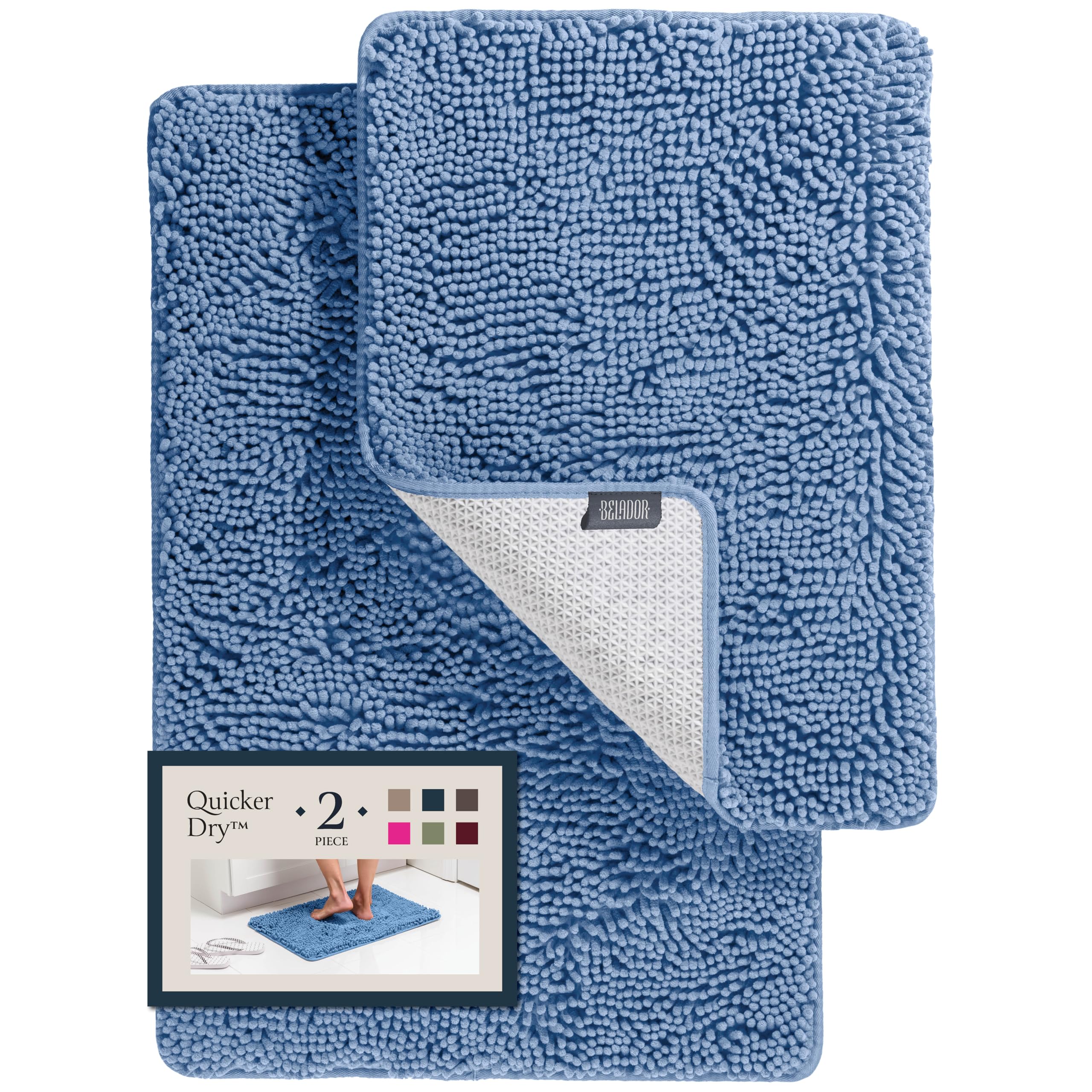 2 piece bathroom rugs bath mat set - soft plush chenille shower mats for durable rug with rubber backing, ultra absorbent rugs, bathtub mat, 30x20 + 24x17 inch