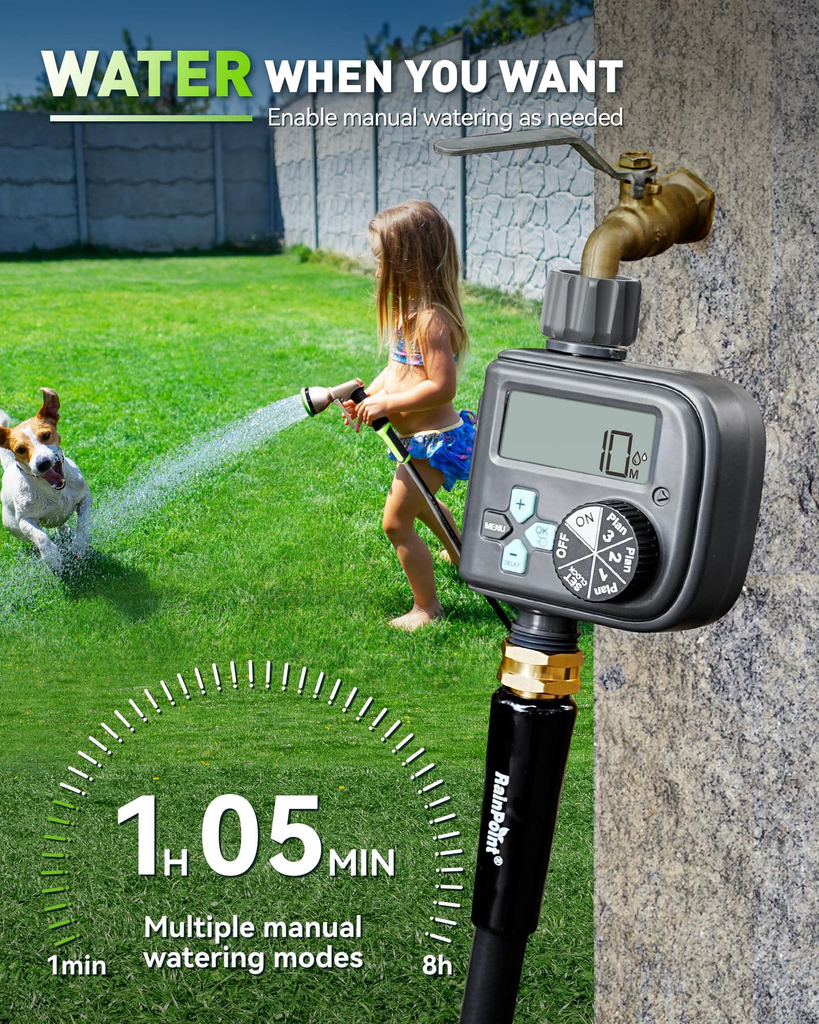 RAINPOINT Timer per irrigazione, acqua programmabile per tubo rubinetto da giardino, timer per irrigazione manuale digitale per esterni, per prati da giardino