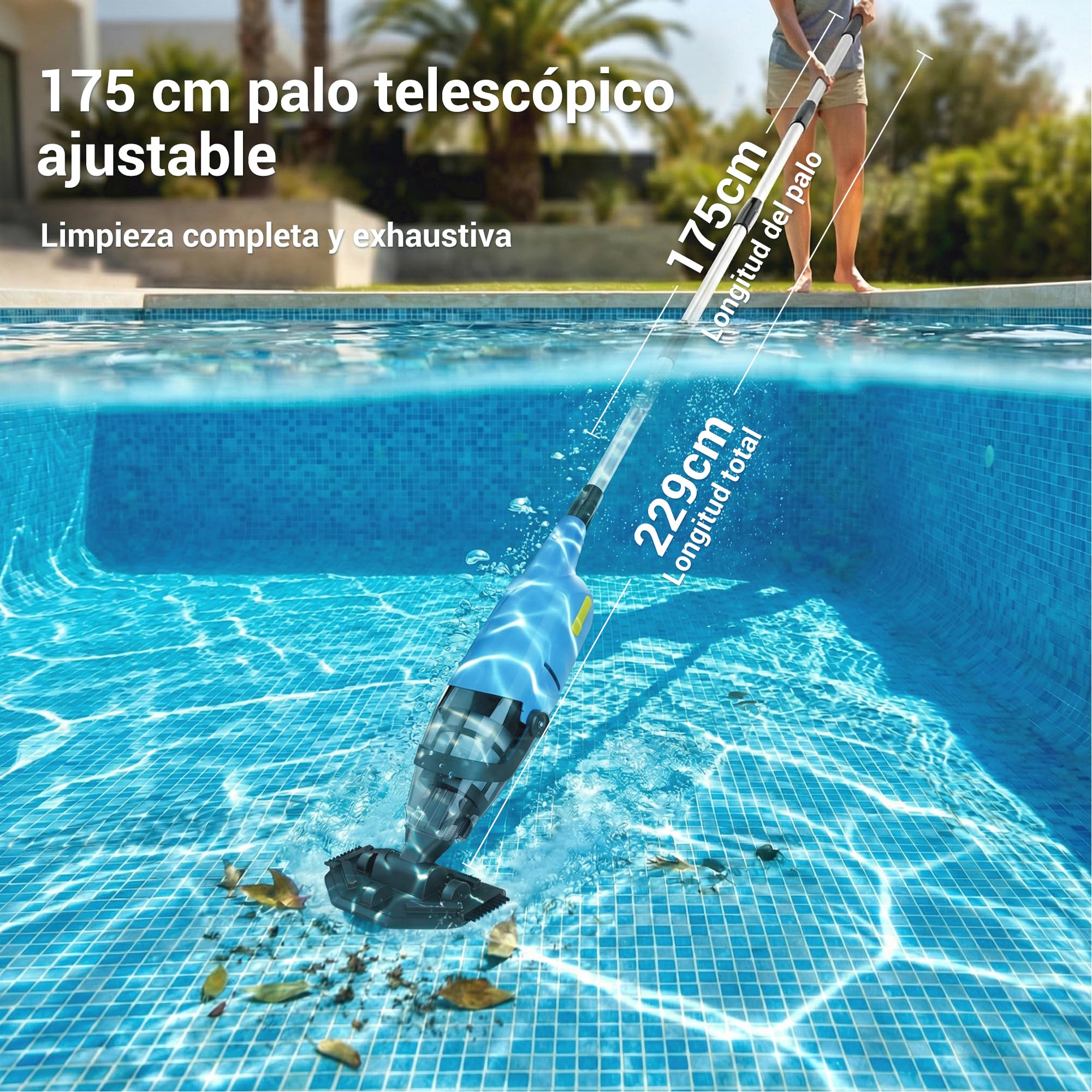 Aspiradora de Piscina Manual Inalámbrica para Piscinas Desmontables y Spas – Limpiador de Piscina Recargable con 60 Minutos de Autonomía, Barra Telescópica y Filtro Fino, Ideal para SPA e Hidromasaje