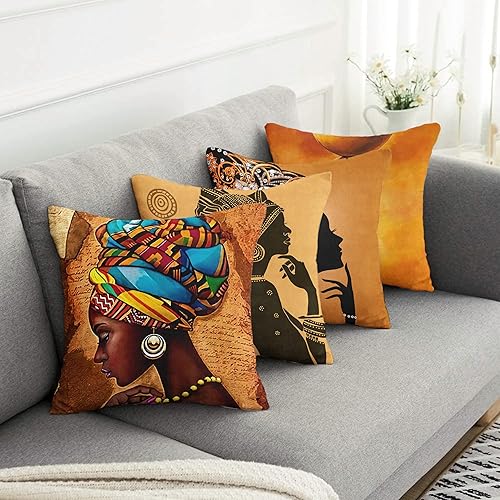 Miniatura 3 de Juego de 4 fundas de cojín cuadradas con patrón de ilustración de mujer africana, paquete de 4 fundas de almohada color negro safari, funda de