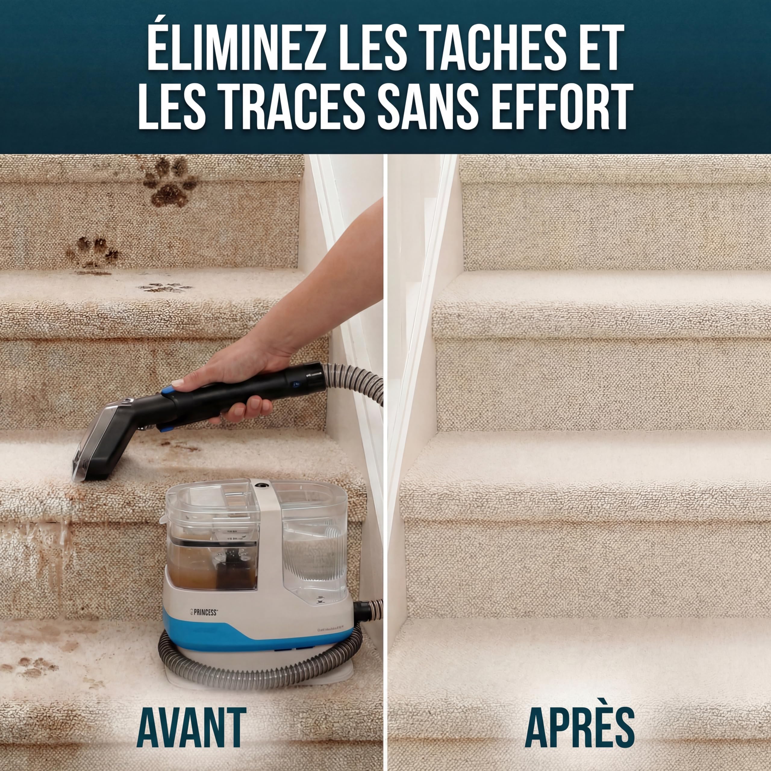 Princess Spot Master Nettoyeur de taches à froid, 600 W, réservoir d’eau propre 1100 ml, compact et léger, pour tapis et tissus d’ameublement, 01.332013.01.001