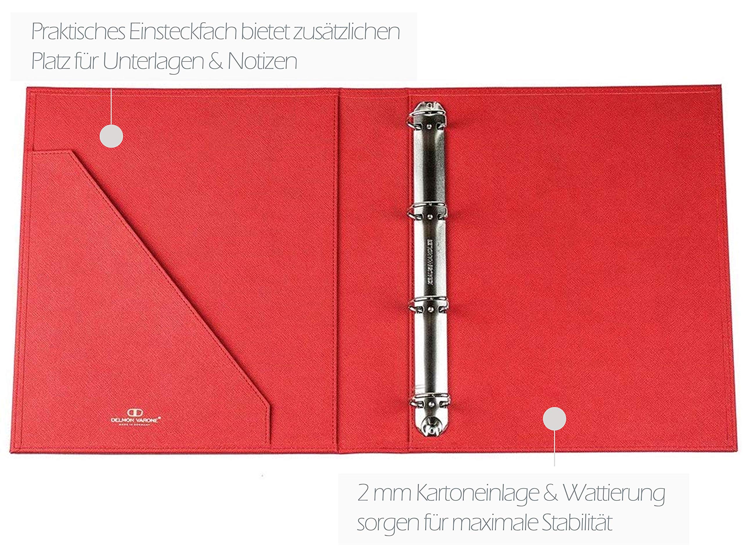 DELMON VARONE - Personalisierbare Dokumentenmappe DIN A4 aus Saffiano Lederimitat rot, Elegante Kunstleder Ringbuch Sammelmappe zum abheften von Dokumenten, Urkunden und Akten, Links mit Einsteckfach