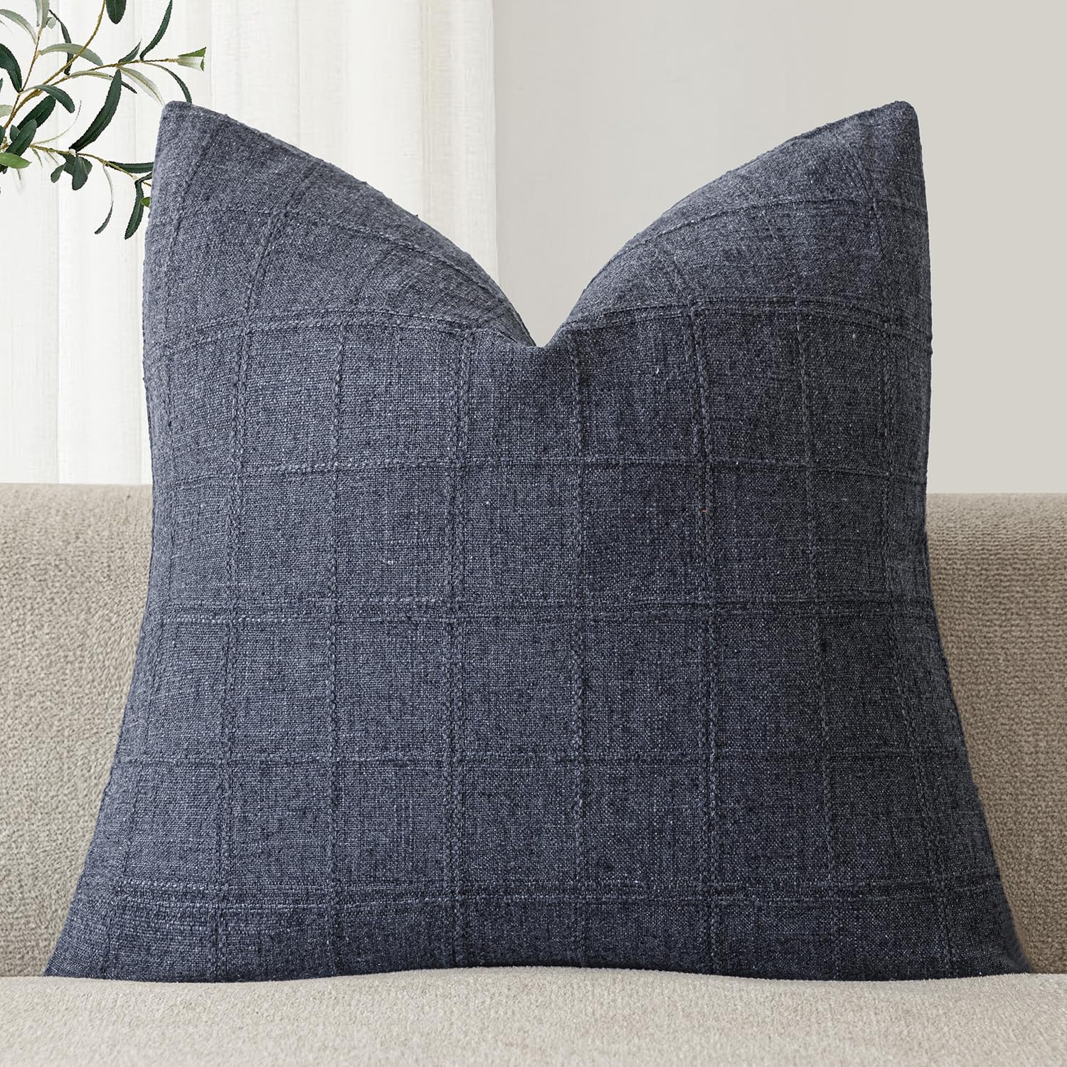 Foindtower Set of 1 Decorative Linen Check Throw Pillow Cover Neutral Farmhouse Vintage Cushion Cover Modern Boho Home Decor for Sofa Chair Couch Bedroom Living Room,26×26 Inch,Navy Blue