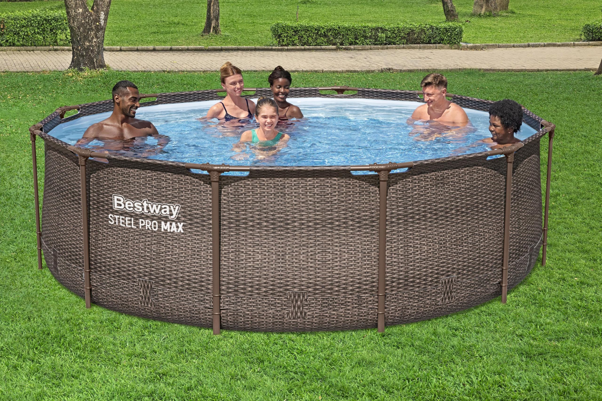 Bestway Steel Pro MAX Frame Pool-Set mit Filterpumpe Ø 366 x 100 cm, Rattan-Optik (Schokobraun), rund