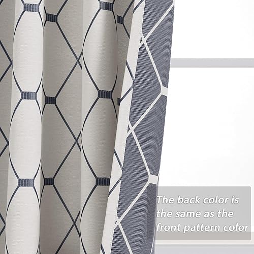 Miniatura 5 de Cortinas con patrón geométrico azul marino de 84 pulgadas de largo para sala de estar, pestaña trasera, gris neutro, crema y blanco, cortinas de