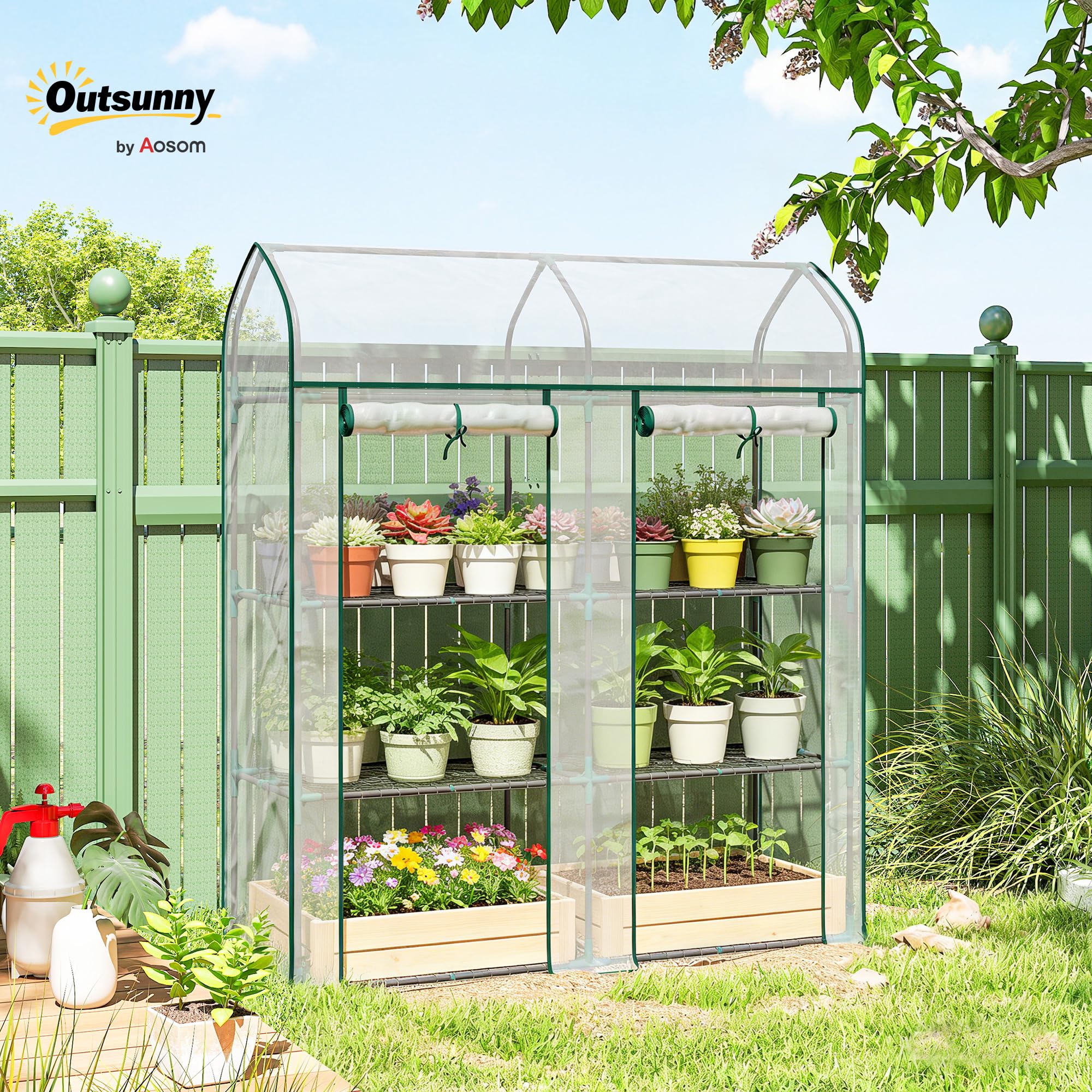 Outsunny Serra da giardino con ripiani a 3 livelli a tetto appuntito, piccola serra da balcone in tela PVC e telaio in acciaio, 2 ante rotanti, per verdure e piante, fiori, 143 x 46 x 165 cm