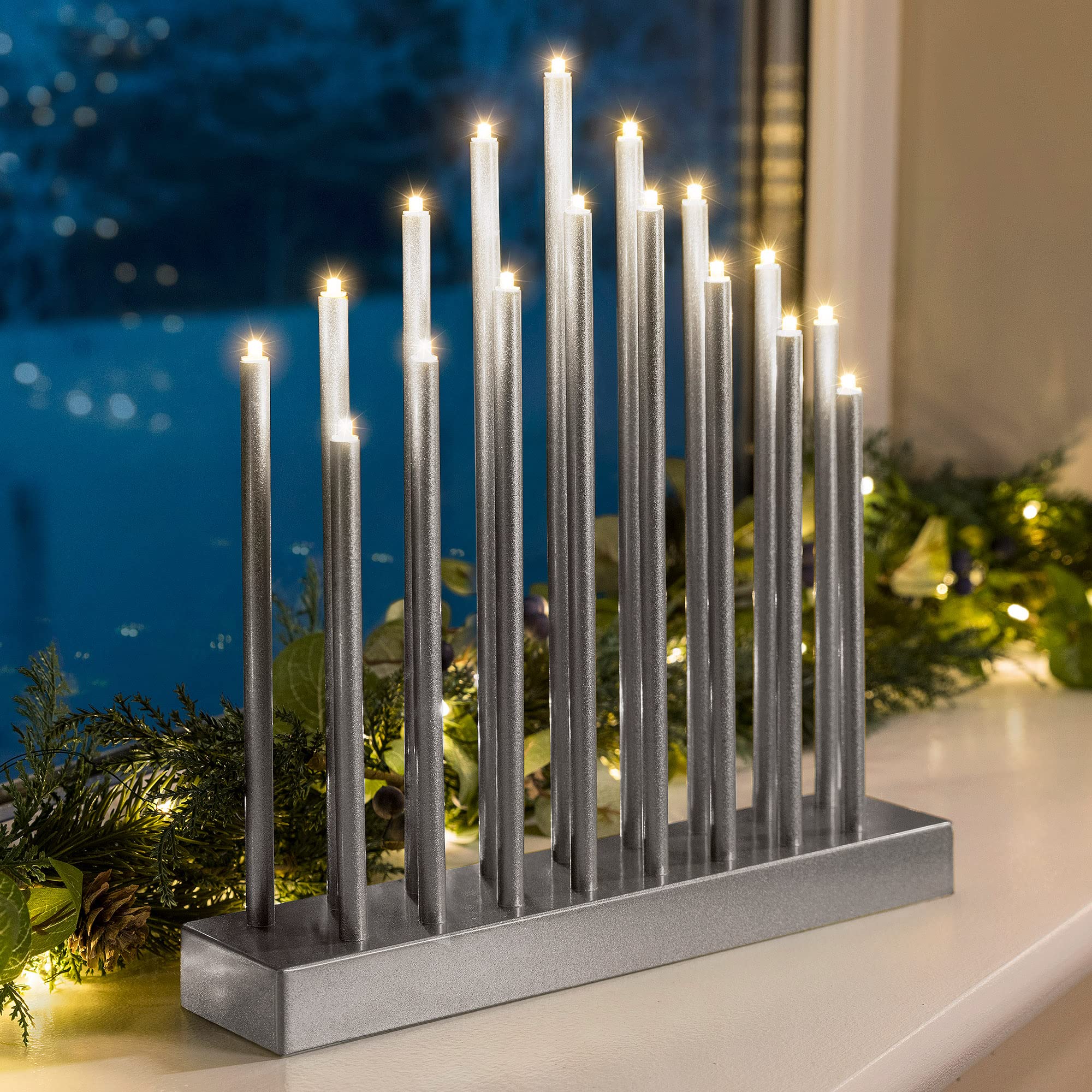Christow Silver Candle Bridge Tower Christmas Decoration, Battery Operated With Timer, 17 Warm White Led Window Light