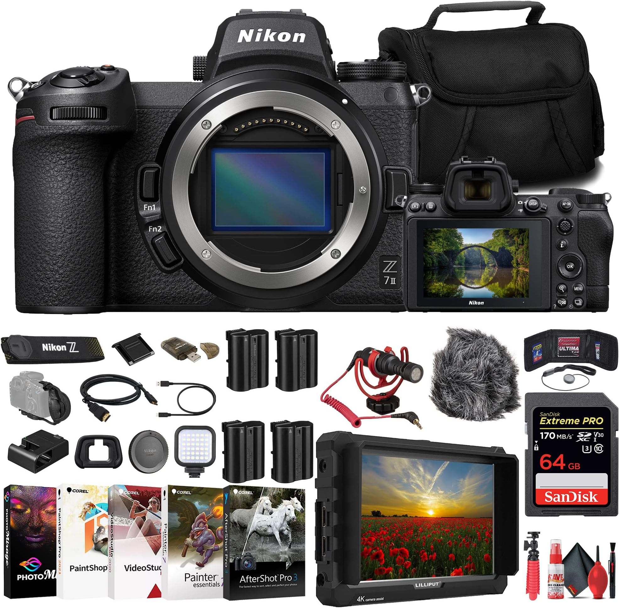 Nikon Z7 II Mirrorless Camera (1653) + 4K Monitor + 64GB Memory Card + Bag + 3 x EN-EL15c Battery + Card Reader + LED Light + Corel Photo Software + Rode Compact Mic + Flex Tripod + More