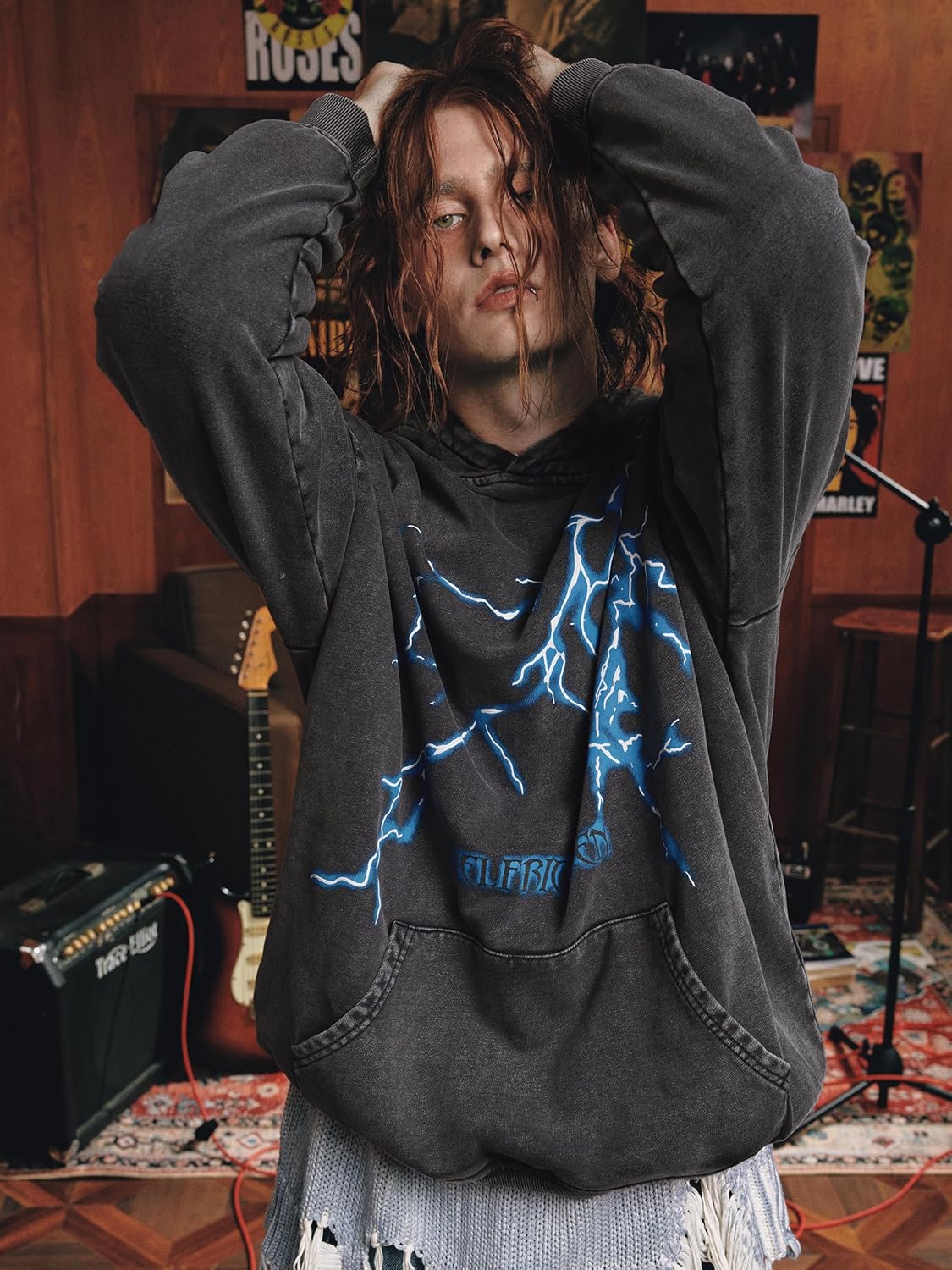 Aelfric Eden Mens Lightning Graphic Hoodies Print Oversized Unisex Streetwear Vintage Hoodie Y2k Sweatshirt Pocket Pullover - Image 3