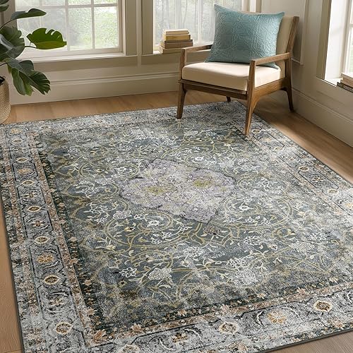 Miniatura 375 de Ashler - Alfombras bohemias vintage de 5 x 8 pies para sala de estar, lavables a máquina con parte trasera antideslizante, alfombra para interiores