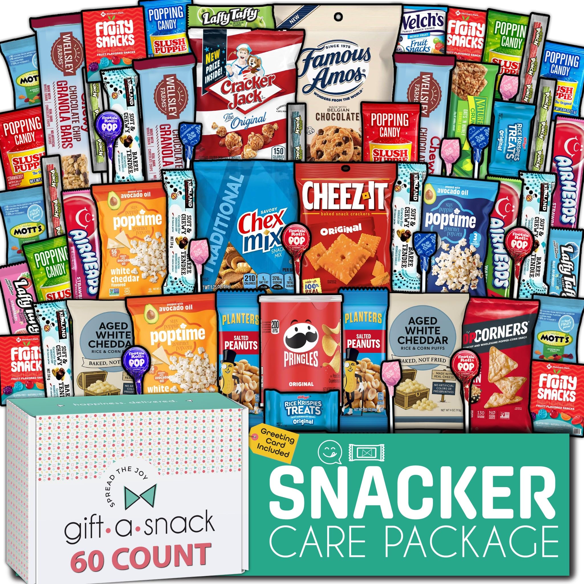 Gift A Snack - Snack Box Variety Pack Care Package + Greeting Card (60 Count) Xmas Birthday Sweet Treats Gift Basket, Candies Chips Crackers Bars Office Food Assortments & Variety Gifts
