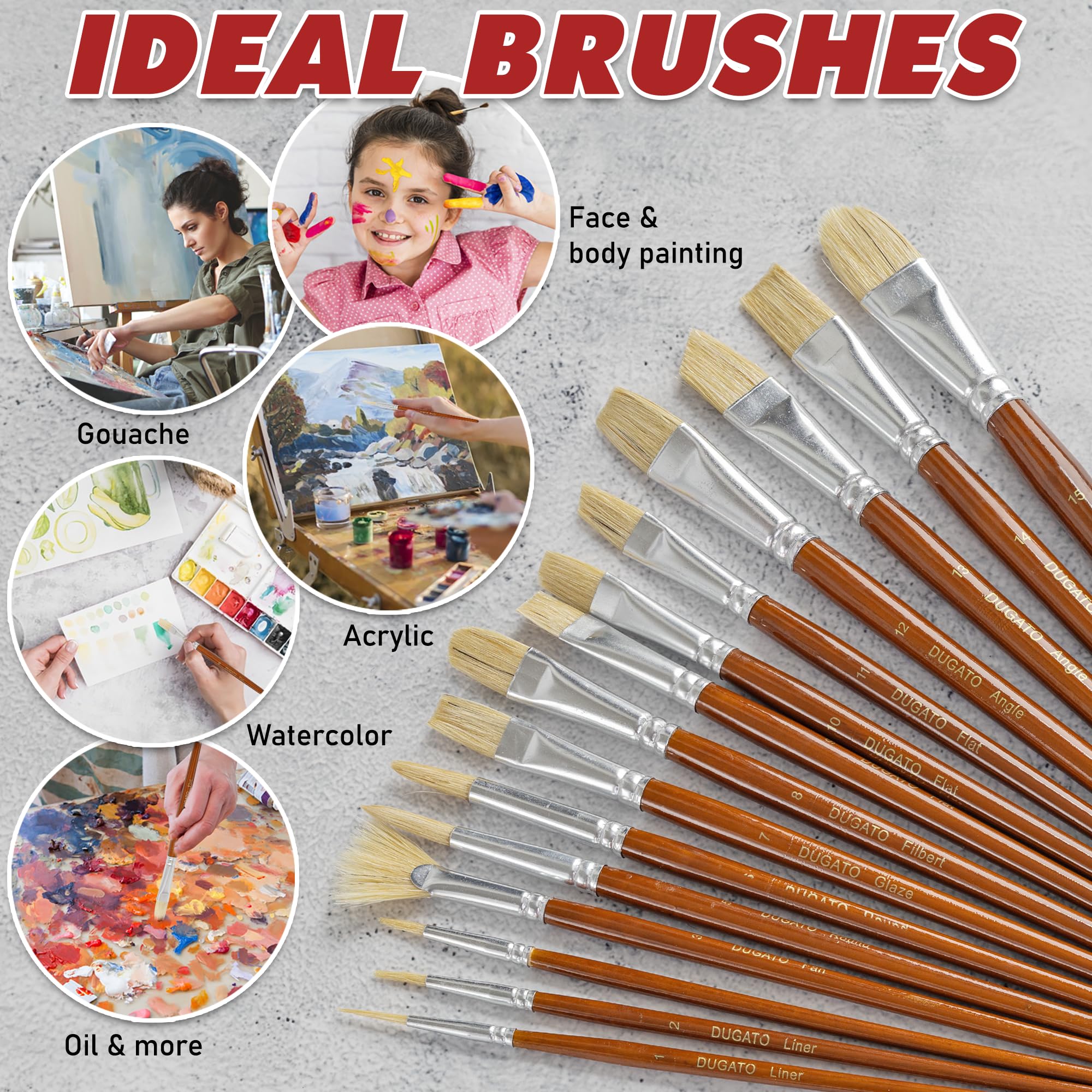 DUGATO - Juego de 15 Pinceles de Pintura al óleo Natural con cerdas de Pelo de Cerdo Blanco Natural, Incluye una Funda de Transporte para Pintura al óleo acrílica, Acuarela y Gouache