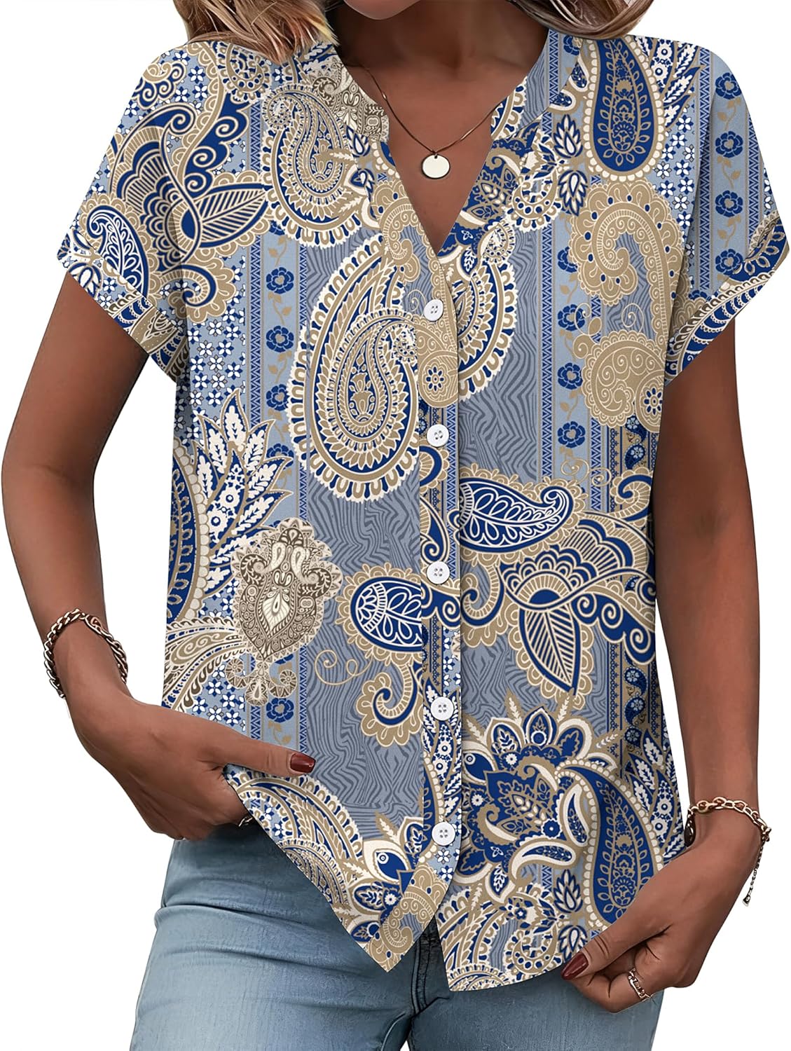 Zeagoo Button Down Shirts for Women Short Sleeve Tops V Neck Collar Blouses Business Casual Outfits S-2XL