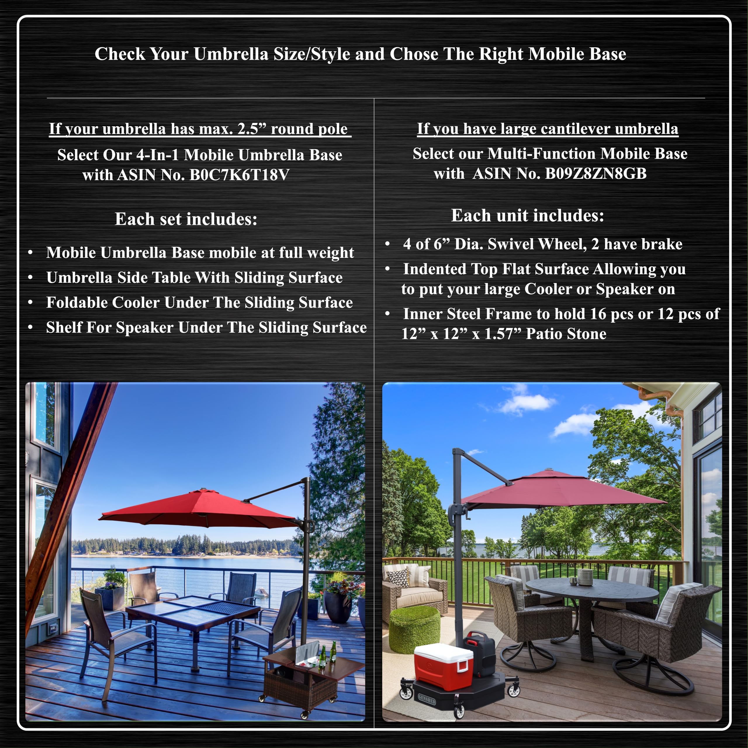 GENSHED 4-in-1 Multi-Functiobn Mobile Umbrella Base. Combing Umbrella Side Table, Umbrella Base, Cooler & Shelf for Speaker Into One. Moveable with Your Umbrella at Full Weight.