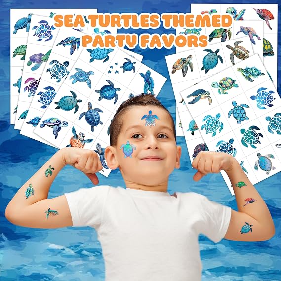 96PCS Ocean Turtle Temporary Tattoos 8 Sheets | Ocean Party Decorations Supplies, Underwater Theme Birthday, For Boys Girls, Class School Prizes Carnival, Party Favors