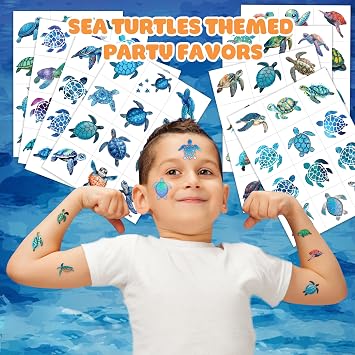 96PCS Ocean Turtle Temporary Tattoos 8 Sheets | Ocean Party Decorations Supplies, Underwater Theme Birthday, For Boys Girls, Class School Prizes Carnival, Party Favors