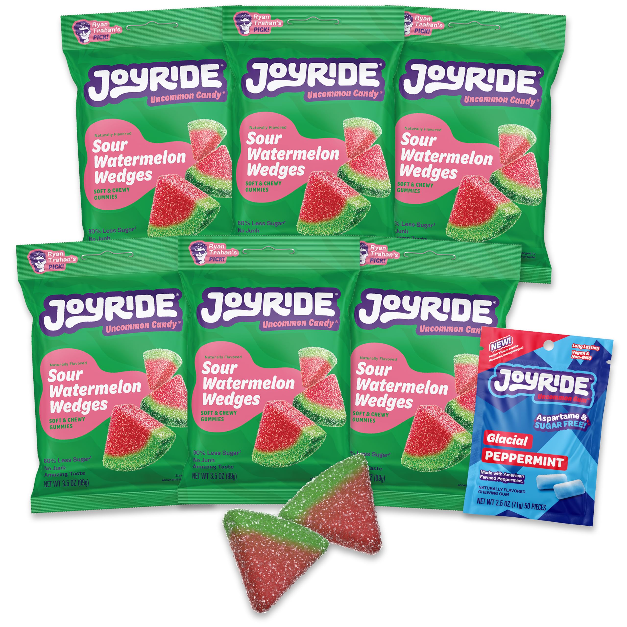 JOYRIDE Sour Watermelon Wedges - 3.5 oz 6-Pack Bundle with 2.5oz Glacial Peppermint Gum, Low Sugar and Calories, Healthy Sour Candy, Watermelon Gummies (7 Items)