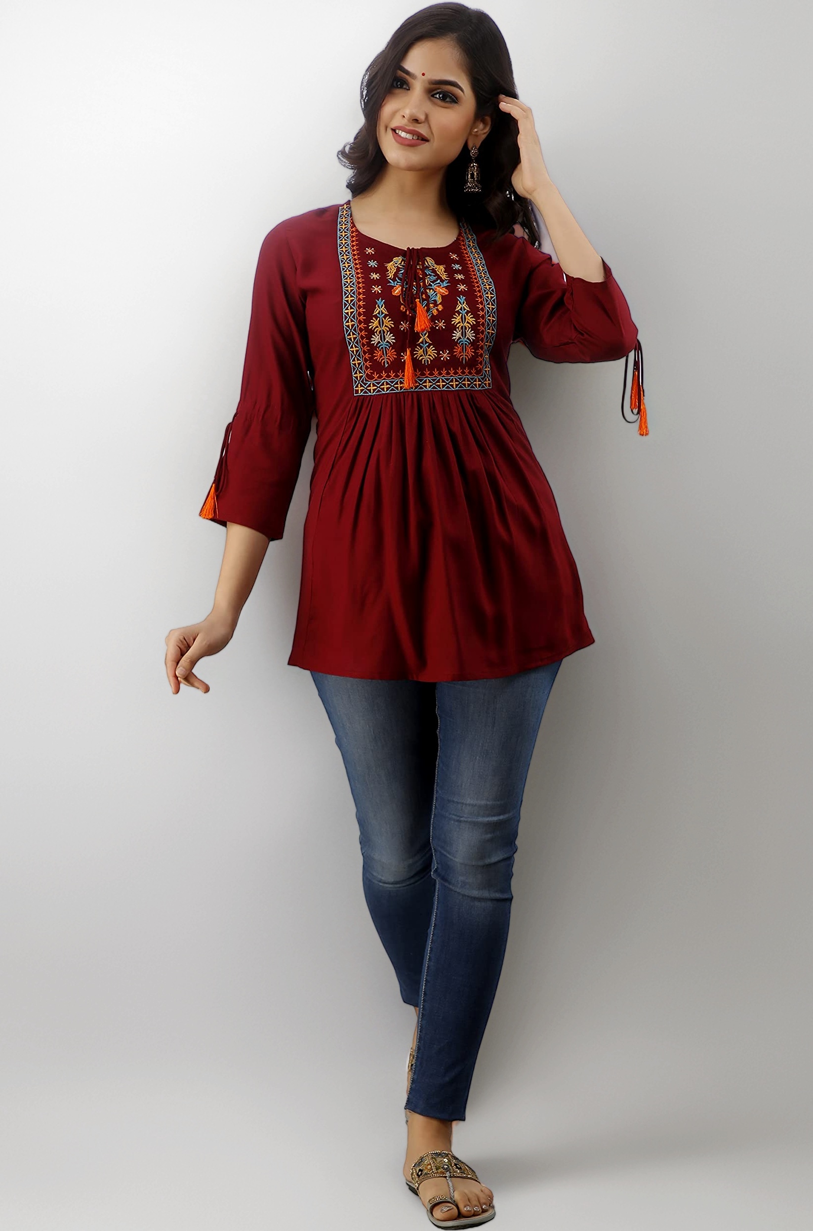 DMP FASHION Women's Rayon Classic Heavy Embroidery Top with Beautifull Tassels at Front and on Both Sleeves