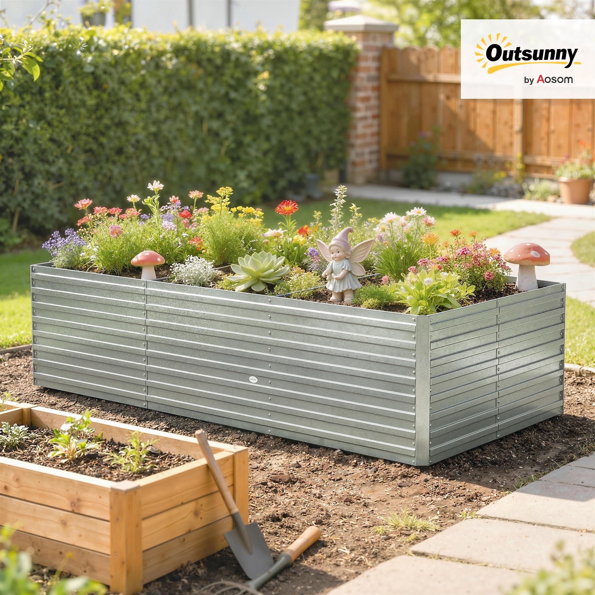 Outsunny Jardinière extérieure, jardinière surélevée galvanisée, carré Potager de Jardin rectangulaire avec Bordure de sécurité et Fond Ouvert, pour Fleurs et légumes, 240 x 120 x 60 cm, Gris argenté