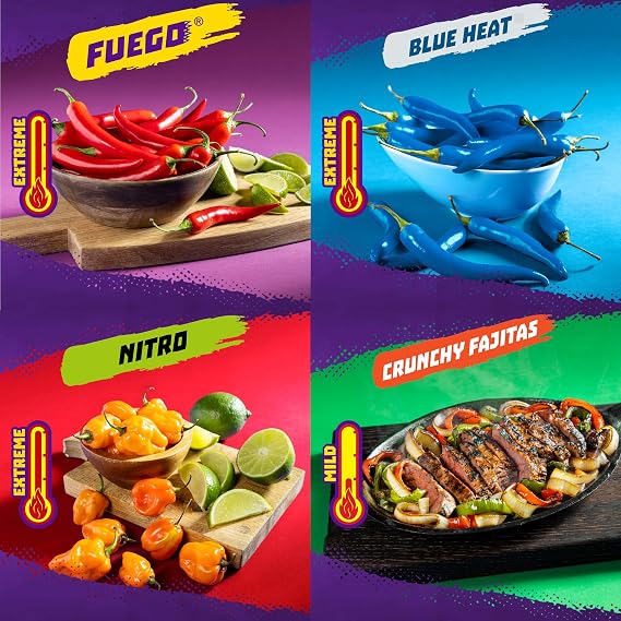 Takis 18 pc / 1 oz Variety Pack, Assorted Flavored Mixed Rolled Tortilla Chips (5) Fuego, (5) Blue Heat, (4) Nitro, (4) Crunchy Fajitas (Pack of 2)