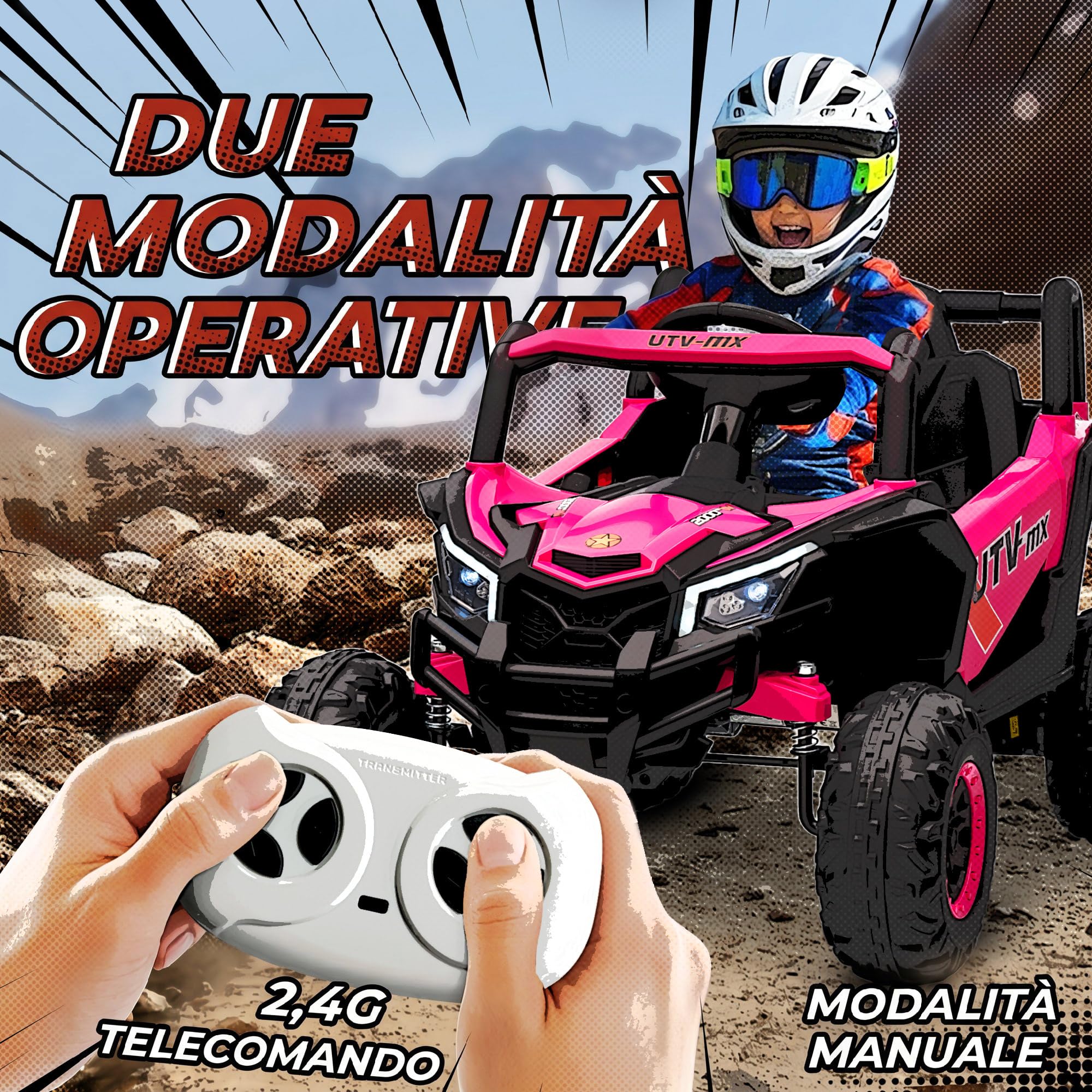 AIYAPLAY Macchina Elettrica per Bambini UTV 12V con 2 Motori e Luci, Rosa