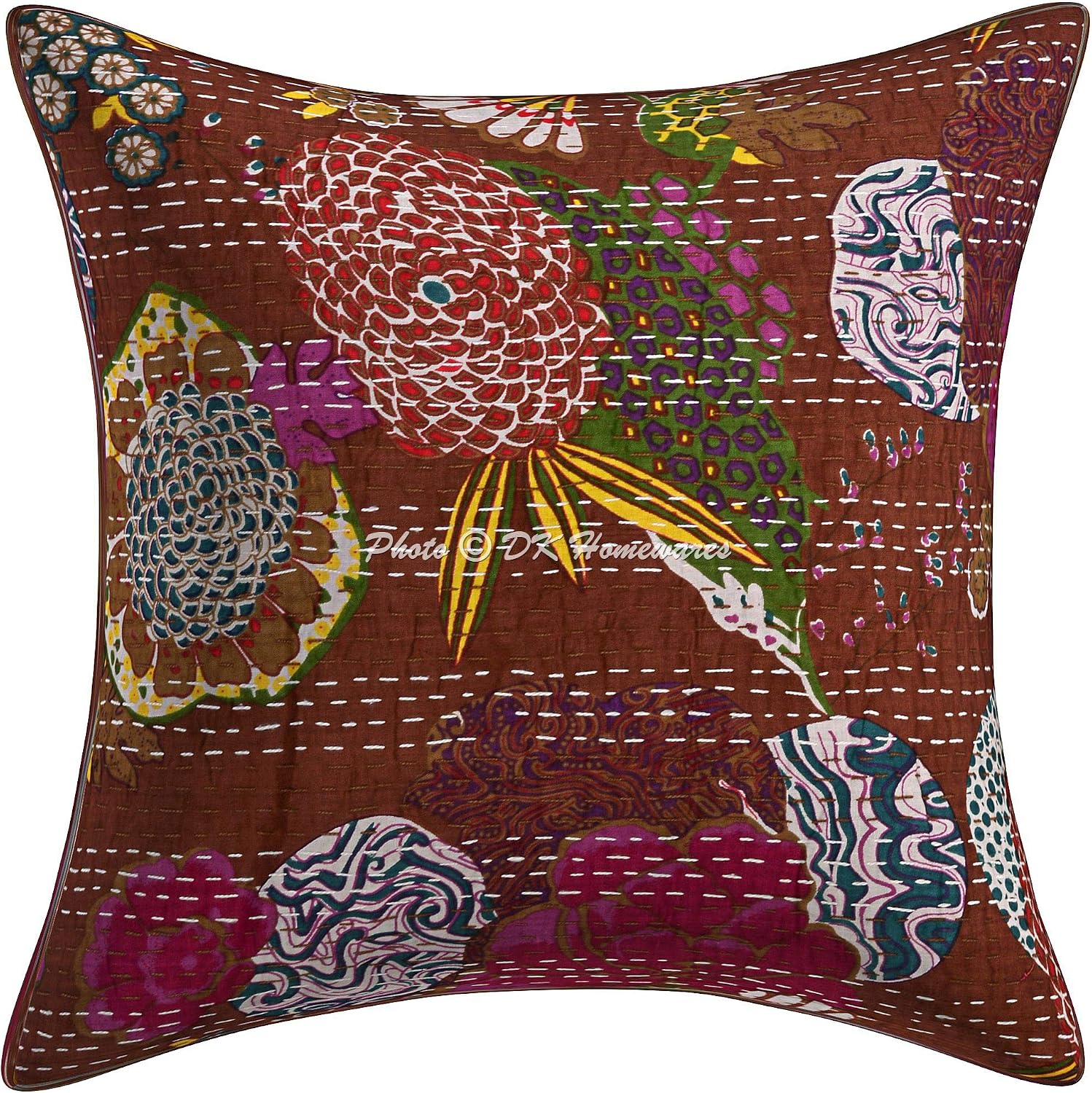 Indian Decorative Sofa Throw Pillow Cover 16 x 16 Inch Cotton Kantha Tropicana Bohemian Square Couch Cushion Cover (Size - 40x40 cm ; Color: Dark Brown) - 1 Pcs (Cover Only)