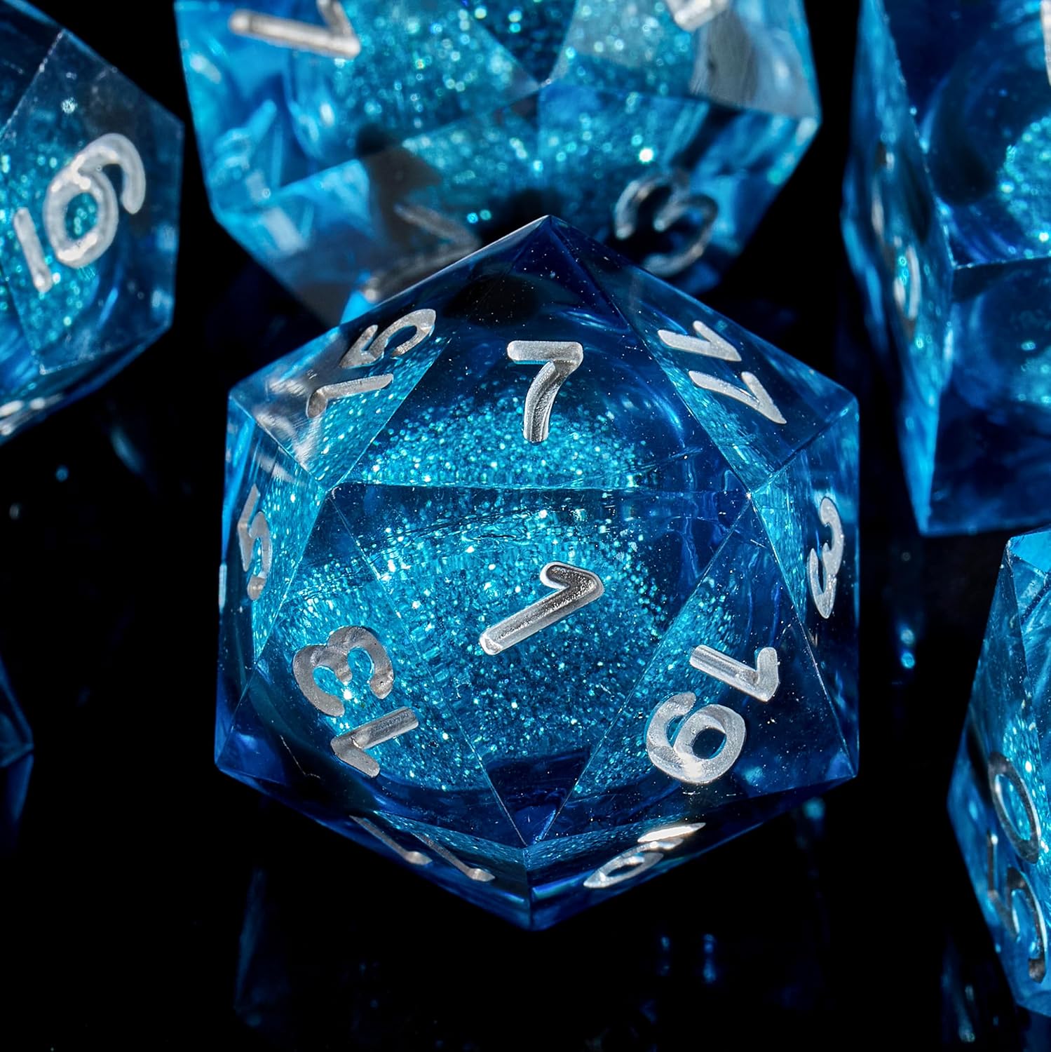 Fugacity DND Dice Set, Liquid Core Handmade Sharp Edge 7 Piece Resin Dice-Dungeons and Dragons Polyhedral Dice Set, D&D Dice Set with Gift Dice Case for RPG MTG Table Games(Blue Sand & Silver)