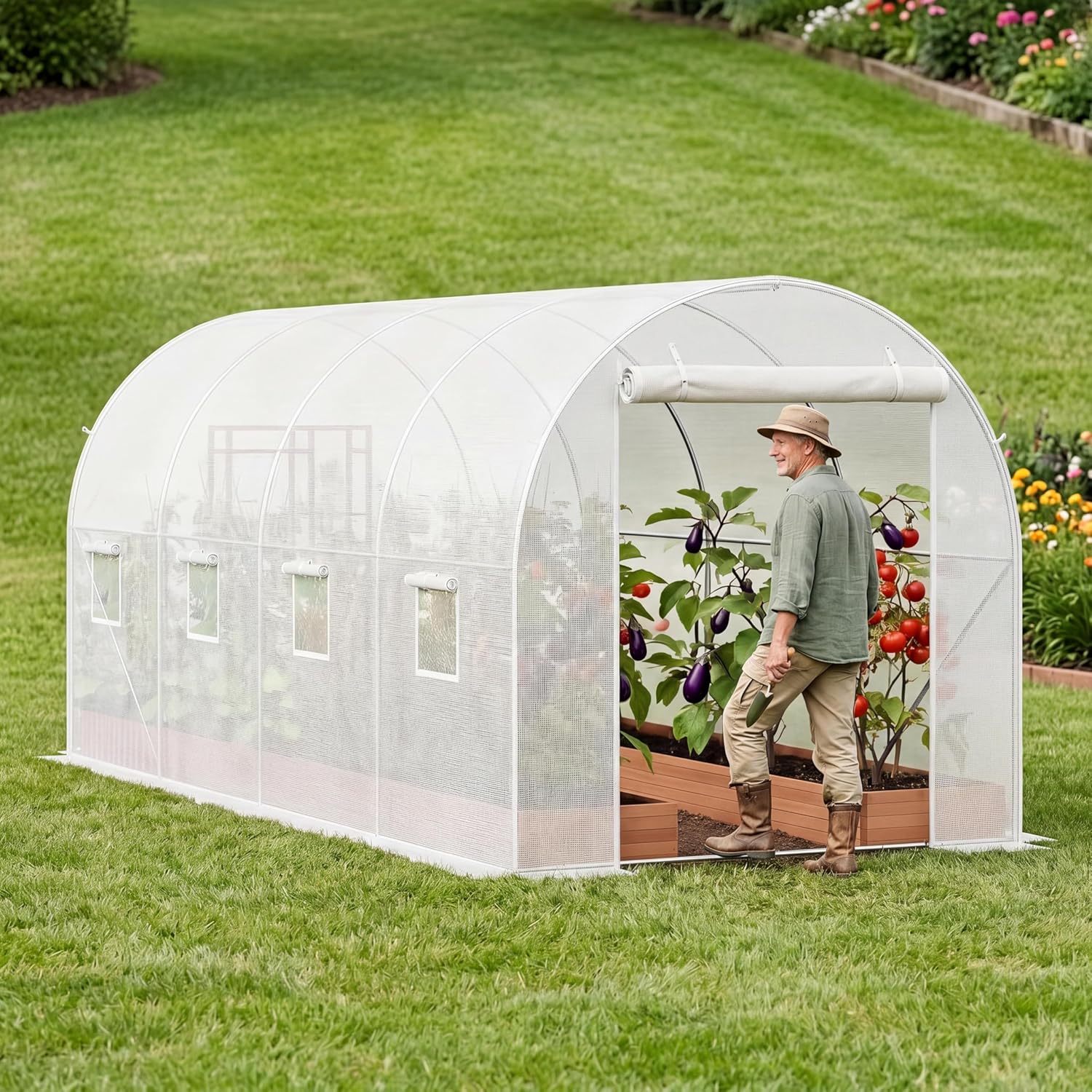 Takywep Heavy Duty Walk-in Tunnel Greenhouse, 14.6x6.4x6.3 Ft Galvanized Steel Frame, Roll-Up Zipper Door, 8 Mesh Windows, Waterproof UV Protected PE Cover for Backyard Garden Plants