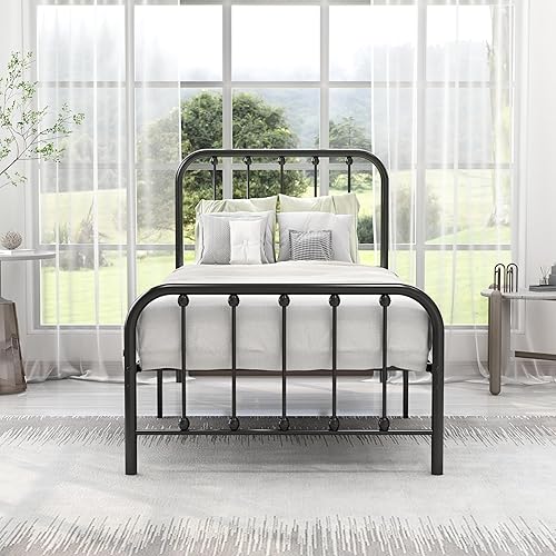 Miniatura 8 de alazyhome Base de cama de metal tamaño individual con cabecero y estribo, soporte de listones de acero resistente y resistente, no necesita somier,