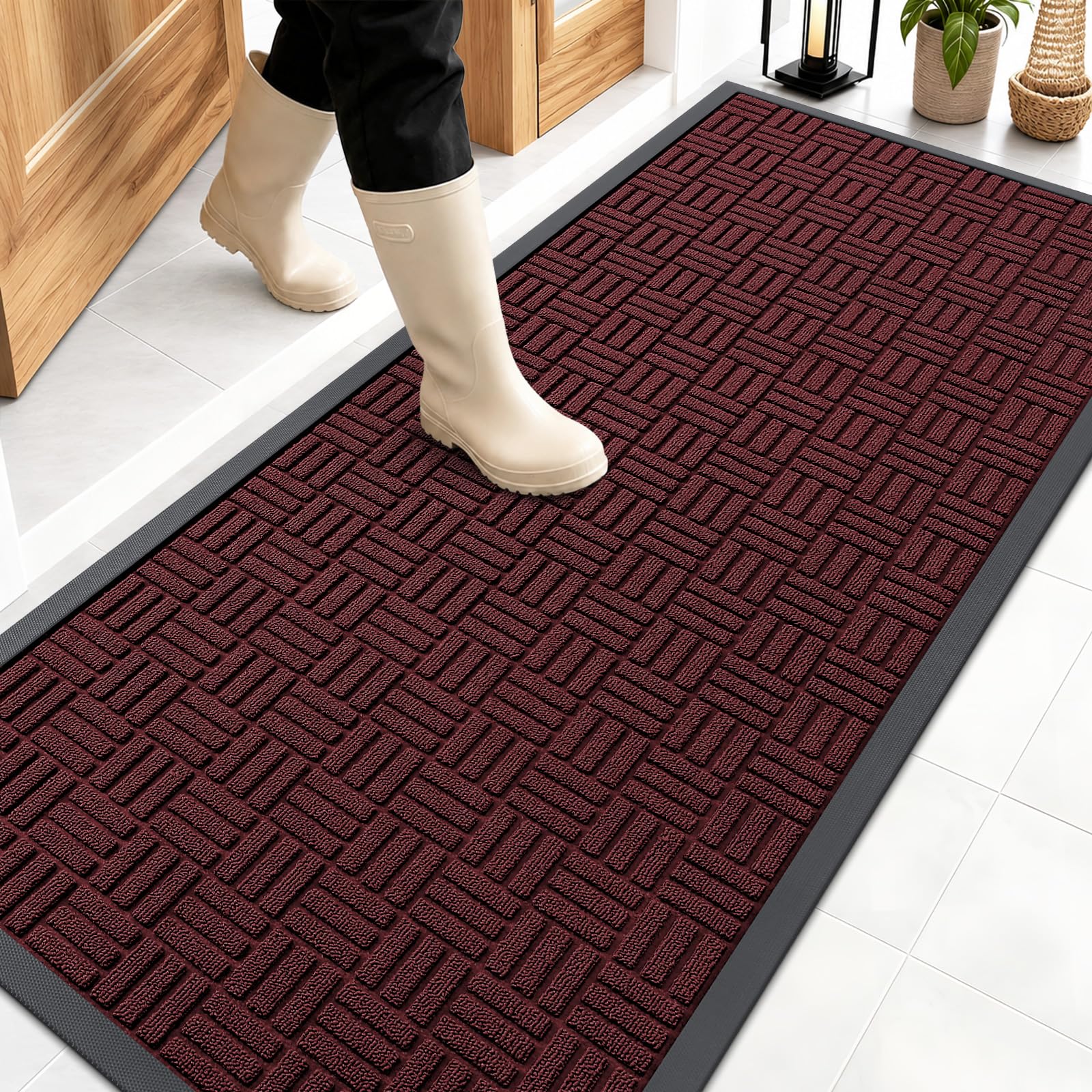 OLANLY Front Door Mat Outside Entrance 59x23, Absorbent, Heavy Duty Sturdy Natural Rubber Doormat Indoor Outdoor, Non-Slip, Stain and Fade Resistant, Low Profile Floor Mat for Entryway, Burgundy