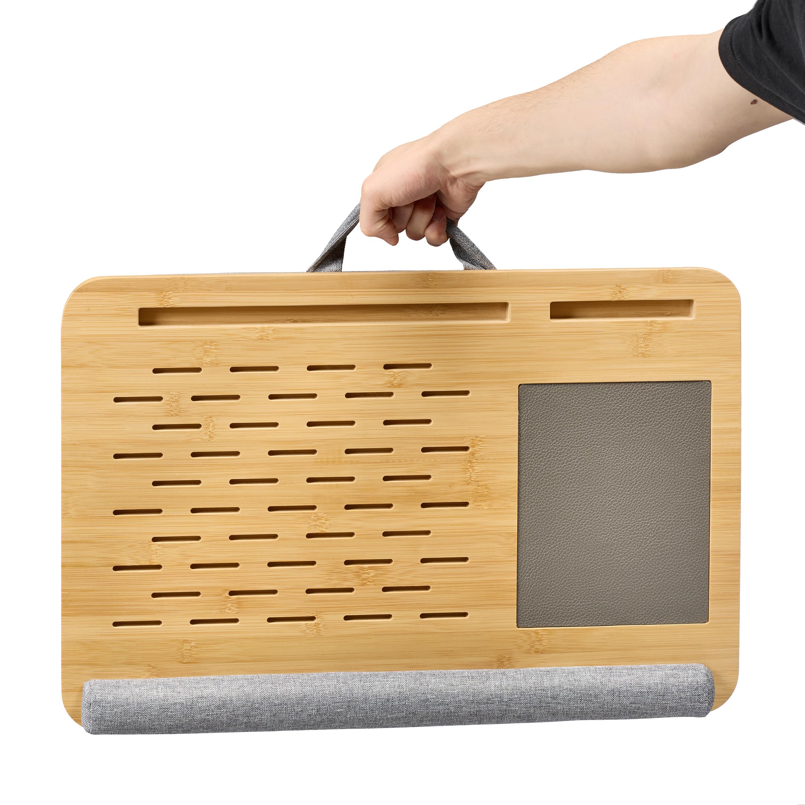 Relaxdays Support pour Ordinateur Portable, en Bambou, Repose-Poignets, H x L x P : 10 x 55,5 x 36 cm, Nature et Gris
