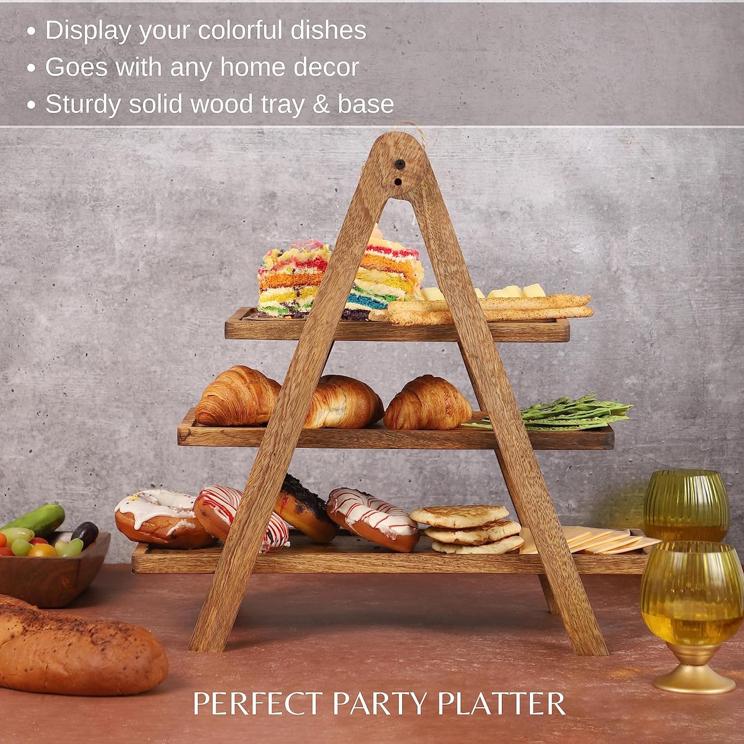 3 Tier Wooden Serving Tray Stand for Snacks Desserts Cheese Cupcakes Tiered Food Display Rack for Parties Weddings Housewarming Farmhouse Style 20.5 Inch