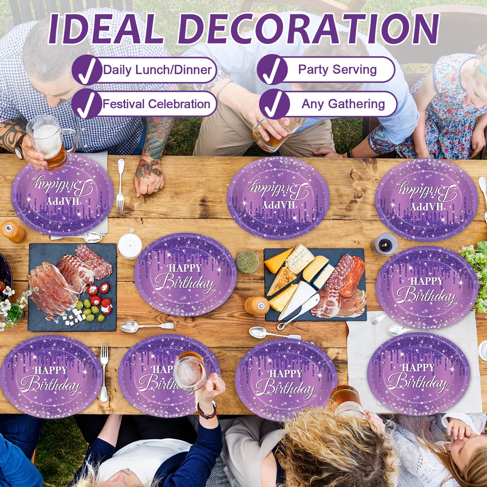 50 platos de papel ovalados de cumpleaños morados y plateados de 11 pulgadas, platos grandes de diamantes con purpurina, decoración de fiesta de cumpleaños, bandeja resistente para niñas y mujeres