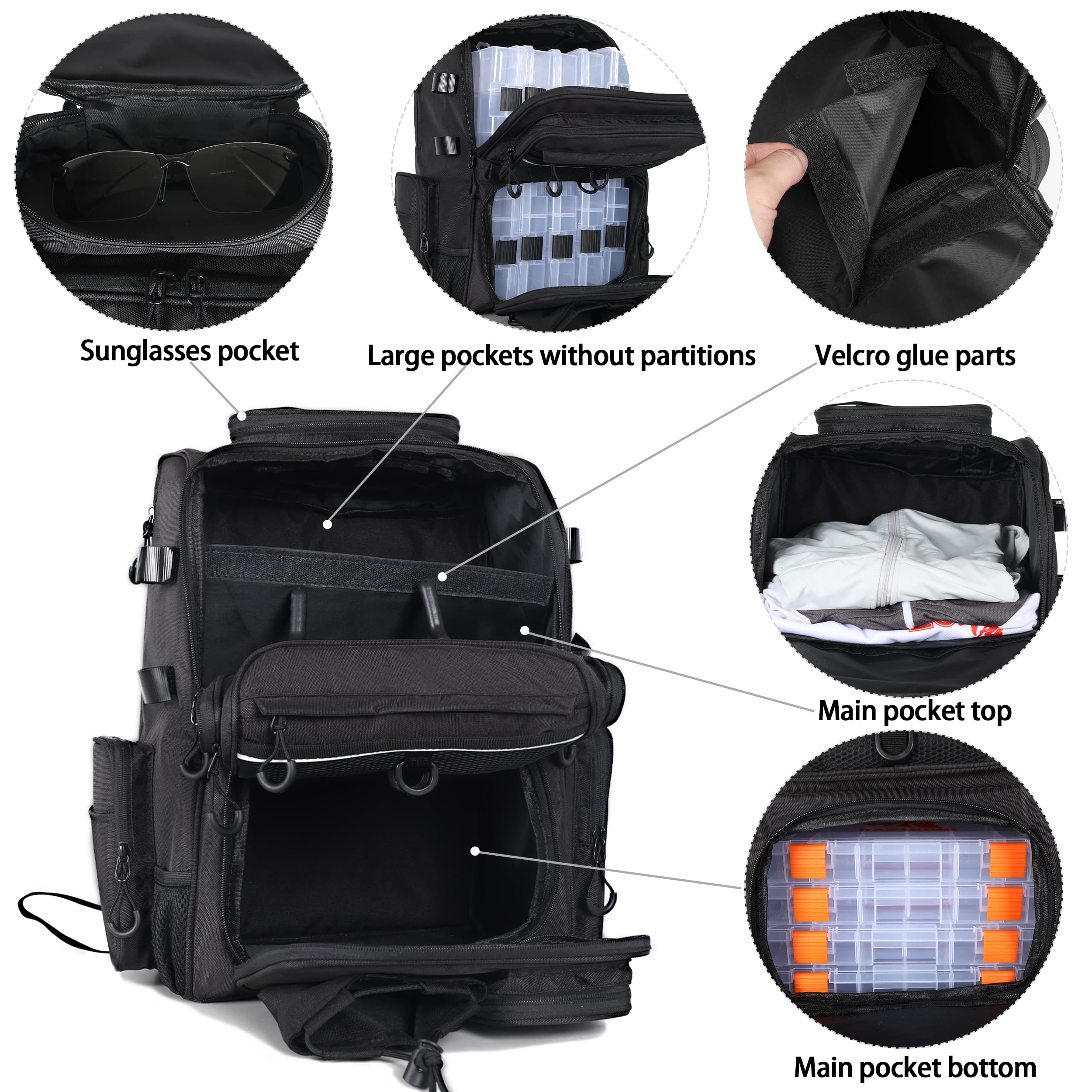 Mochila de aparejos de pesca con soportes para caña (bandejas no incluidas), mochila de pesca grande de 40 L, equipo de pesca, regalos de pesca para hombres