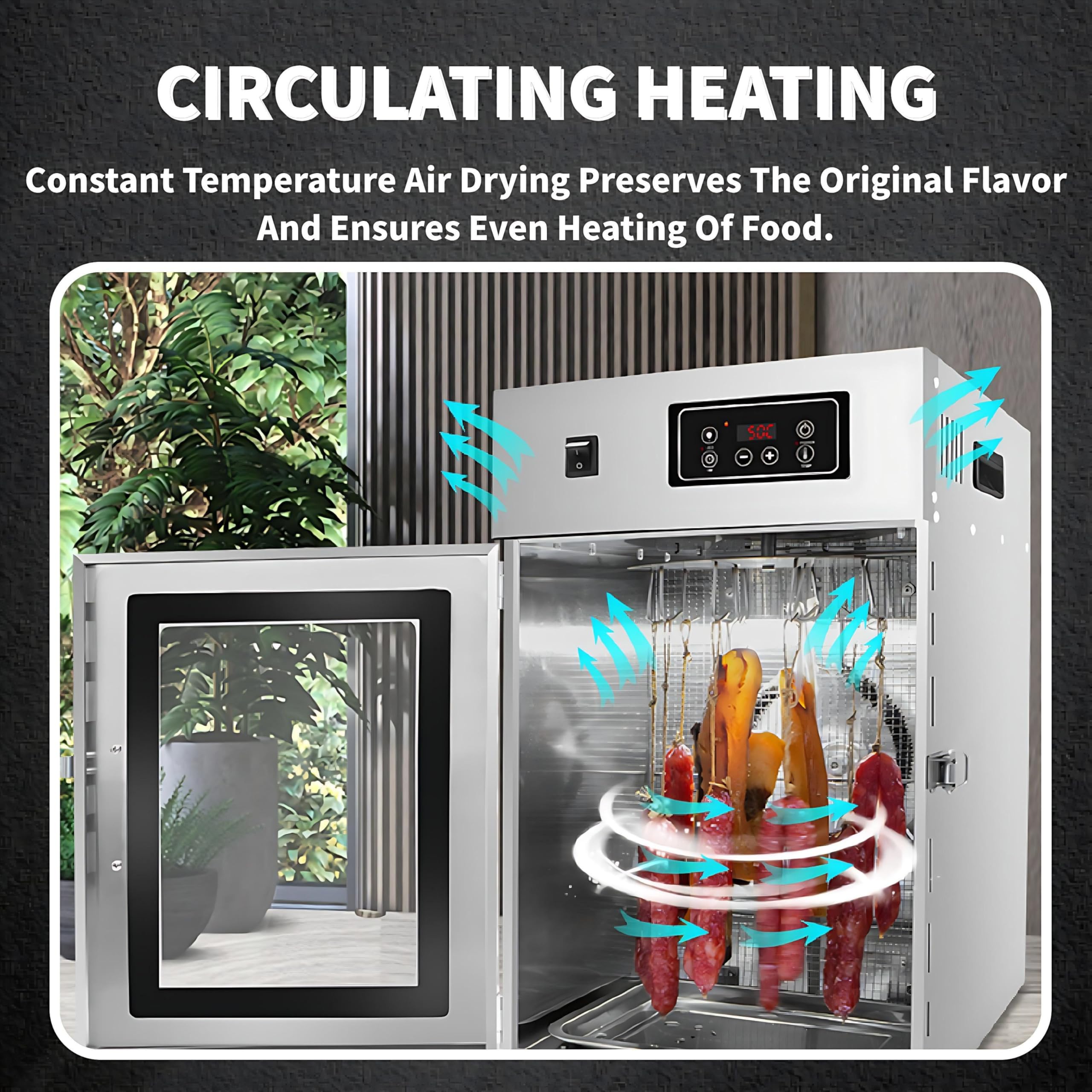 Caja de secado Biltong de acero inoxidable, deshidratador de alimentos y armario de secado de 800 W, deshidratador de alimentos grande con 14 ganchos para colgar, control inteligente LED para secar