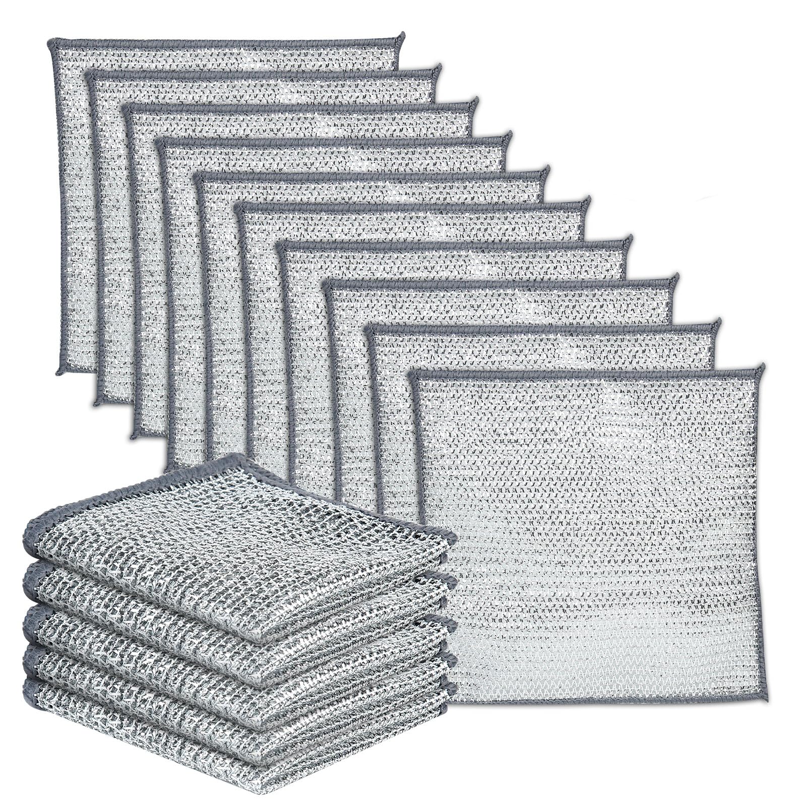DirkFigge 10pcs Multipurpose Double Wire Dishwashing Rags, Double-Sided Lint Free Cloth Cleaning Rags, Non-Scratch Metal Scourer Scrubbing Dishcloth Reusable Kitchen Cleaning Towels Dish Cloth