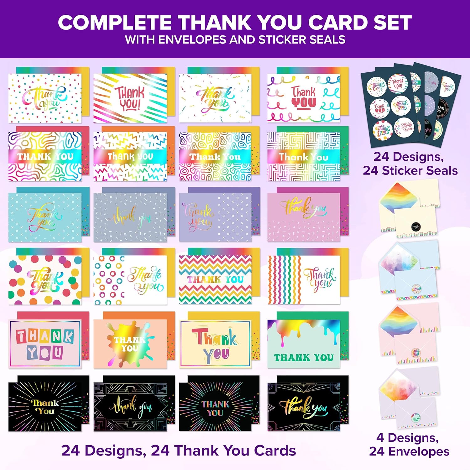 Decorably 24 Pack Foiled 6x4in Assorted Rainbow Thank You Cards with Envelopes & Stickers, 24 Unique Designs for Friends, Family & Loved Ones, Blank Inside - All Occasions, Wedding, Birthday, Gifting - Image 2