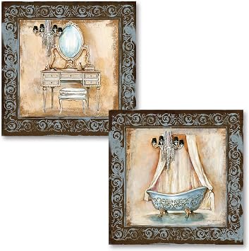 Gango Home Decor Elegant Light Blue and Brown Clawfoot Bathtub and Vanity Set; Two 12x12in UNFRAMED Paper Posters