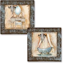 Gango Home Decor Elegant Light Blue and Brown Clawfoot Bathtub and Vanity Set; Two 12x12in UNFRAMED Paper Posters