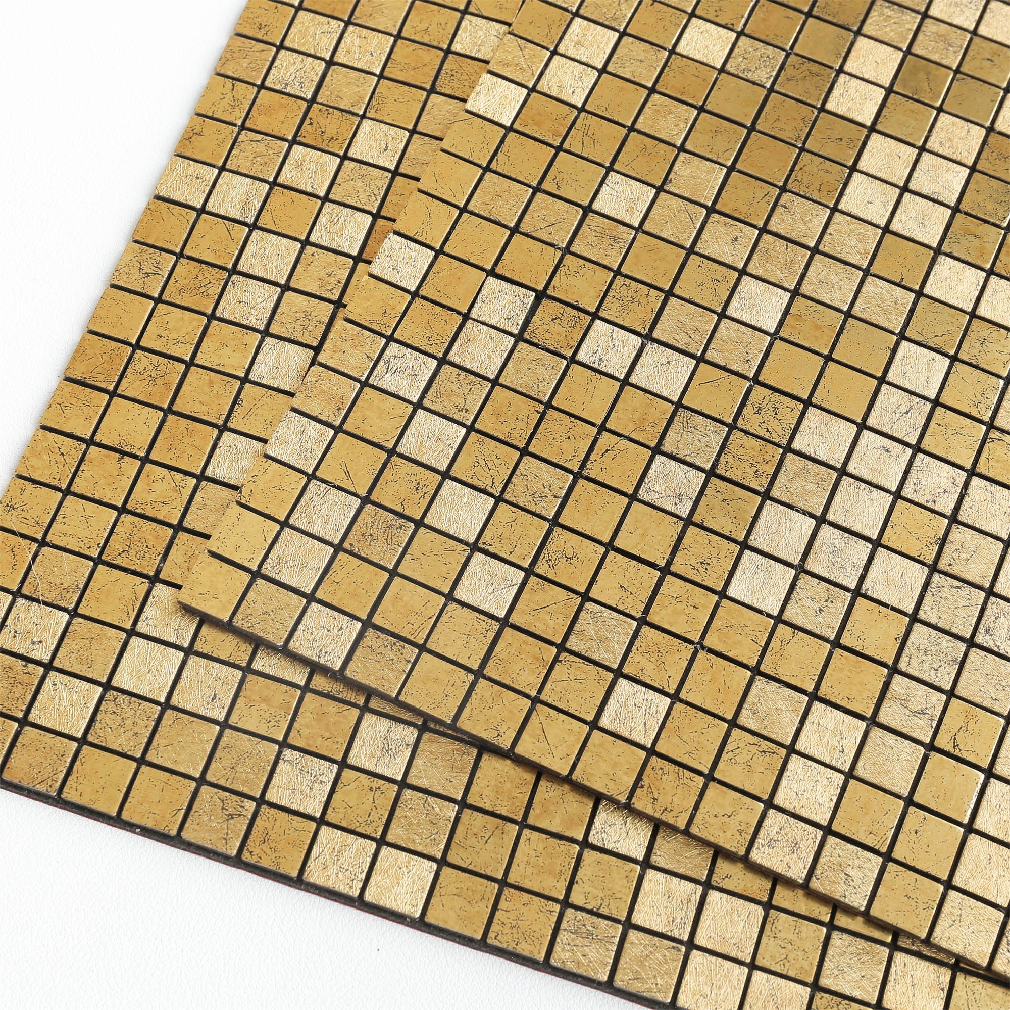 Mini Metallfliesen Selbstklebend Wandfliesen,Mosaik Fliesenaufkleber Selbstklebende Fliesen Quadratisch Küche Bad（Goldfolie,10 Stücke)