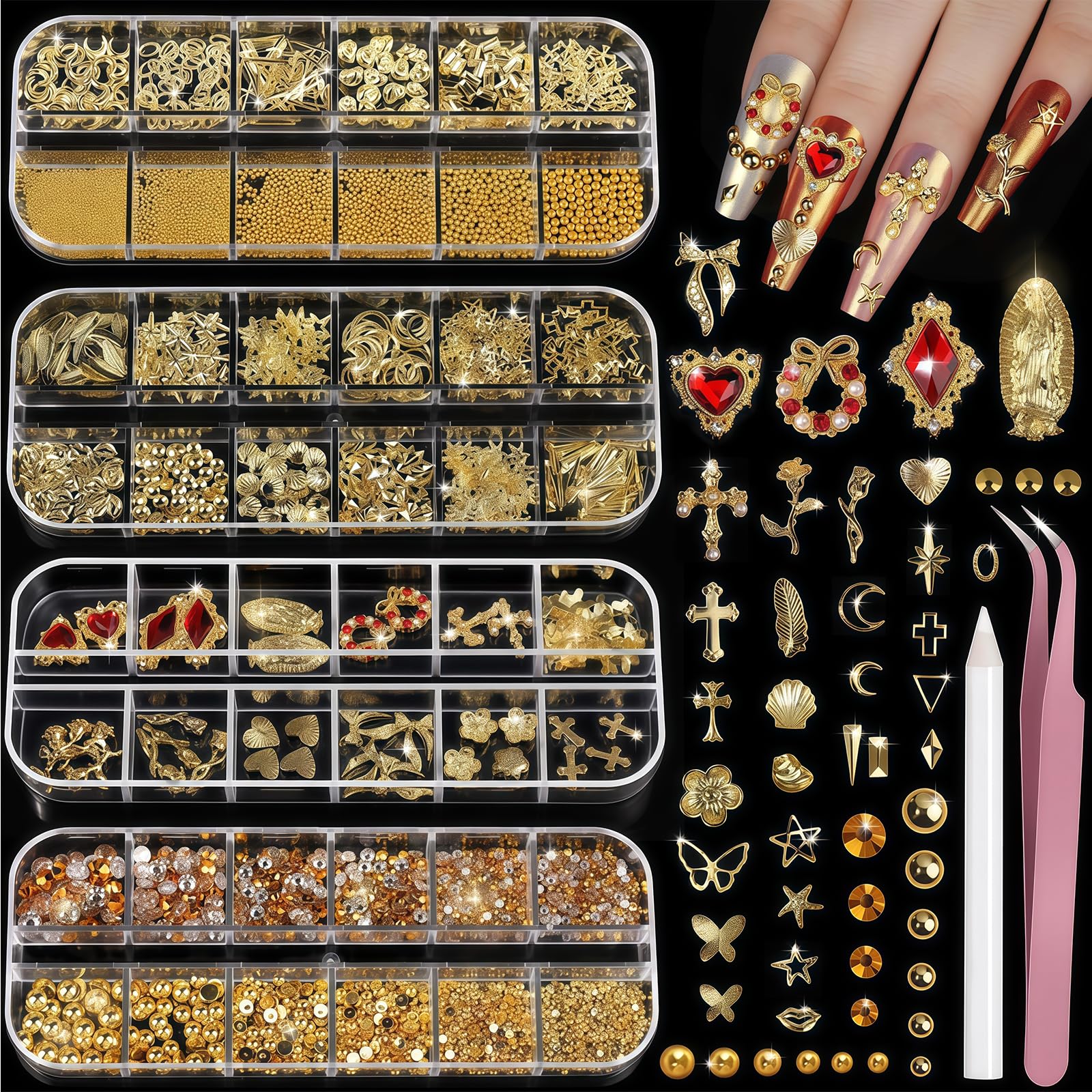 Lilbitty Gold Paznokci Charms & Nail Gems Set, 4 pudełka z perłami do paznokci i kamieniami, 3D Krzyż Serce Charms, Akcesoria do zdobienia paznokci z pęsetą i kredką do wosku